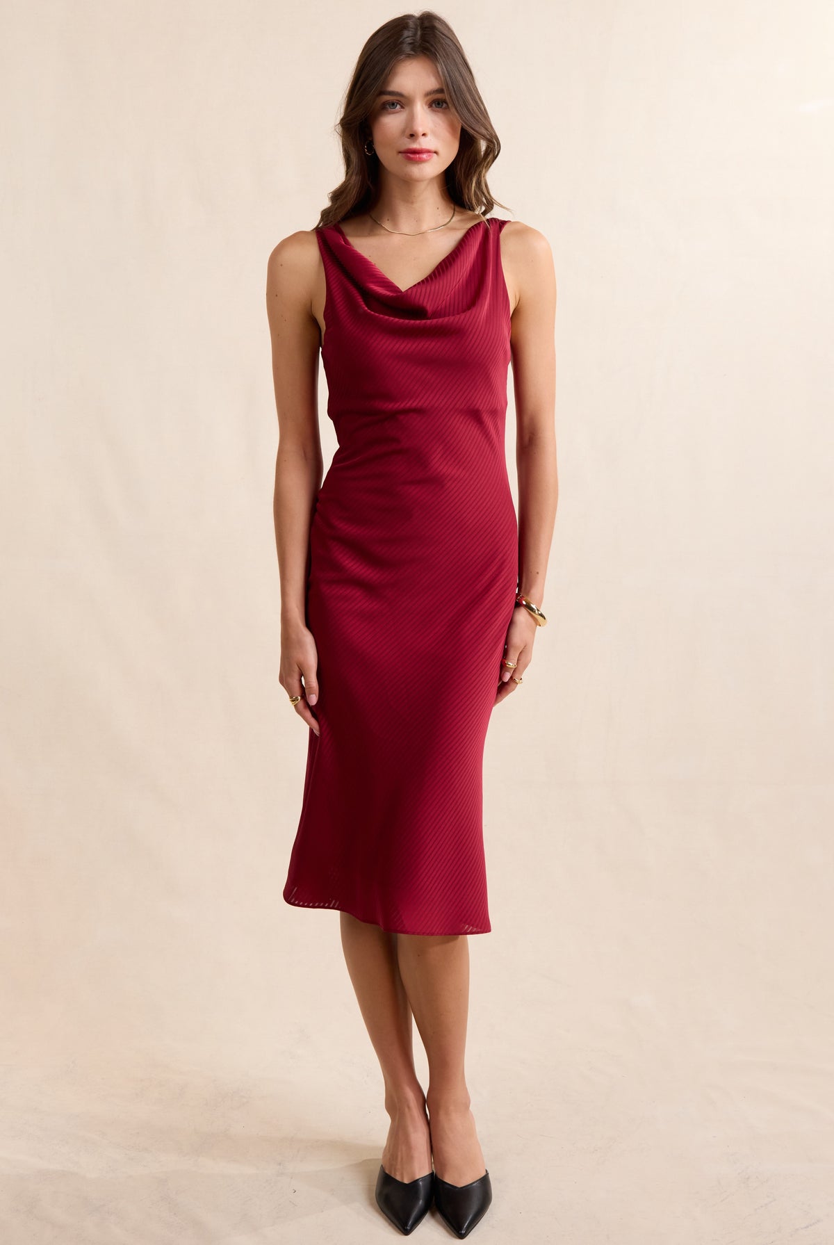 Sadie & Sage Inner Circle Cowl Neck Midi Dress in Red-Midi Dresses-Sadie & Sage-Deja Nu Boutique, Women's Fashion Boutique in Lampasas, Texas
