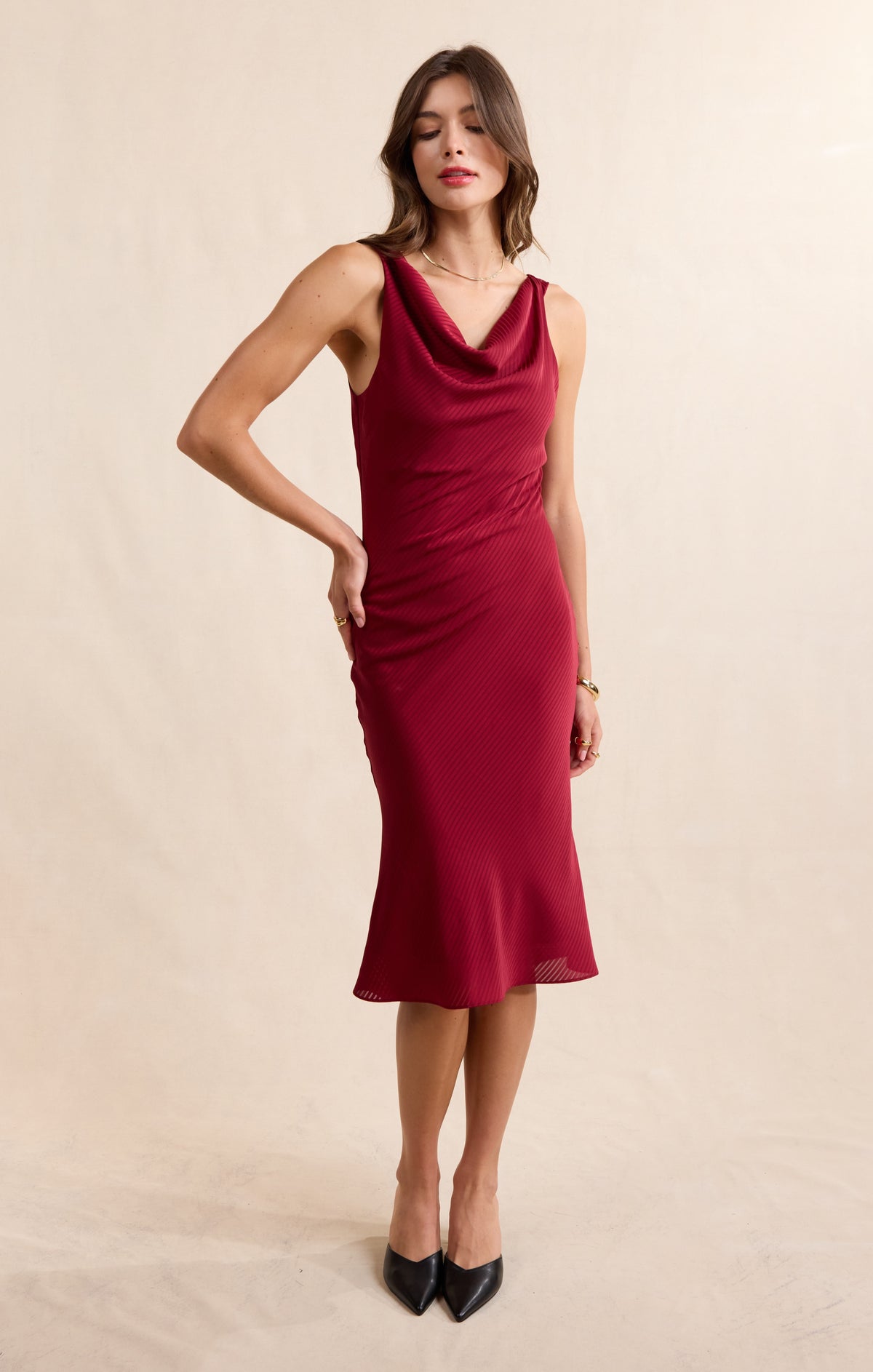 Sadie & Sage Inner Circle Cowl Neck Midi Dress in Red-Midi Dresses-Sadie & Sage-Deja Nu Boutique, Women's Fashion Boutique in Lampasas, Texas