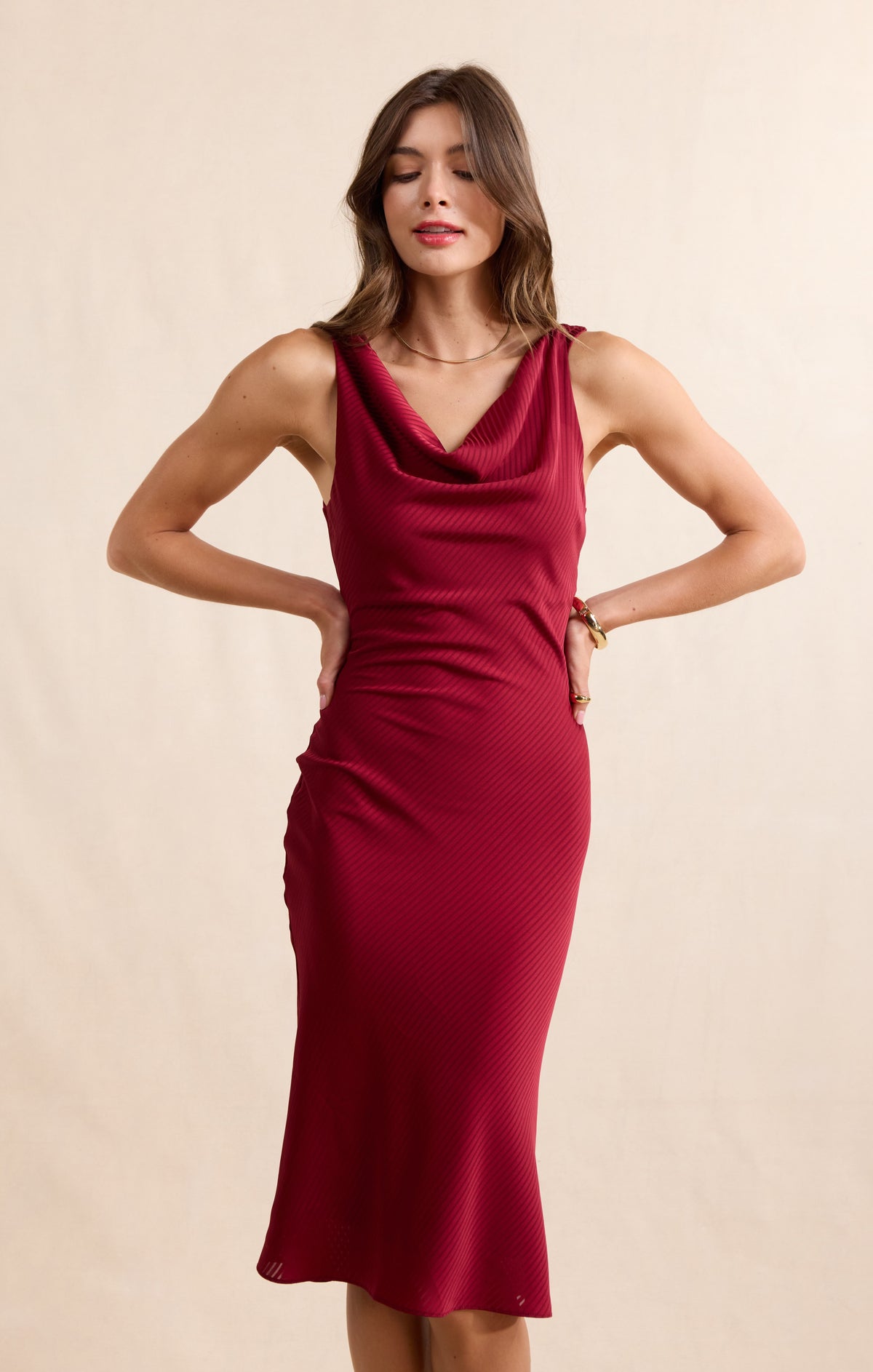 Sadie & Sage Inner Circle Cowl Neck Midi Dress in Red-Midi Dresses-Sadie & Sage-Deja Nu Boutique, Women's Fashion Boutique in Lampasas, Texas