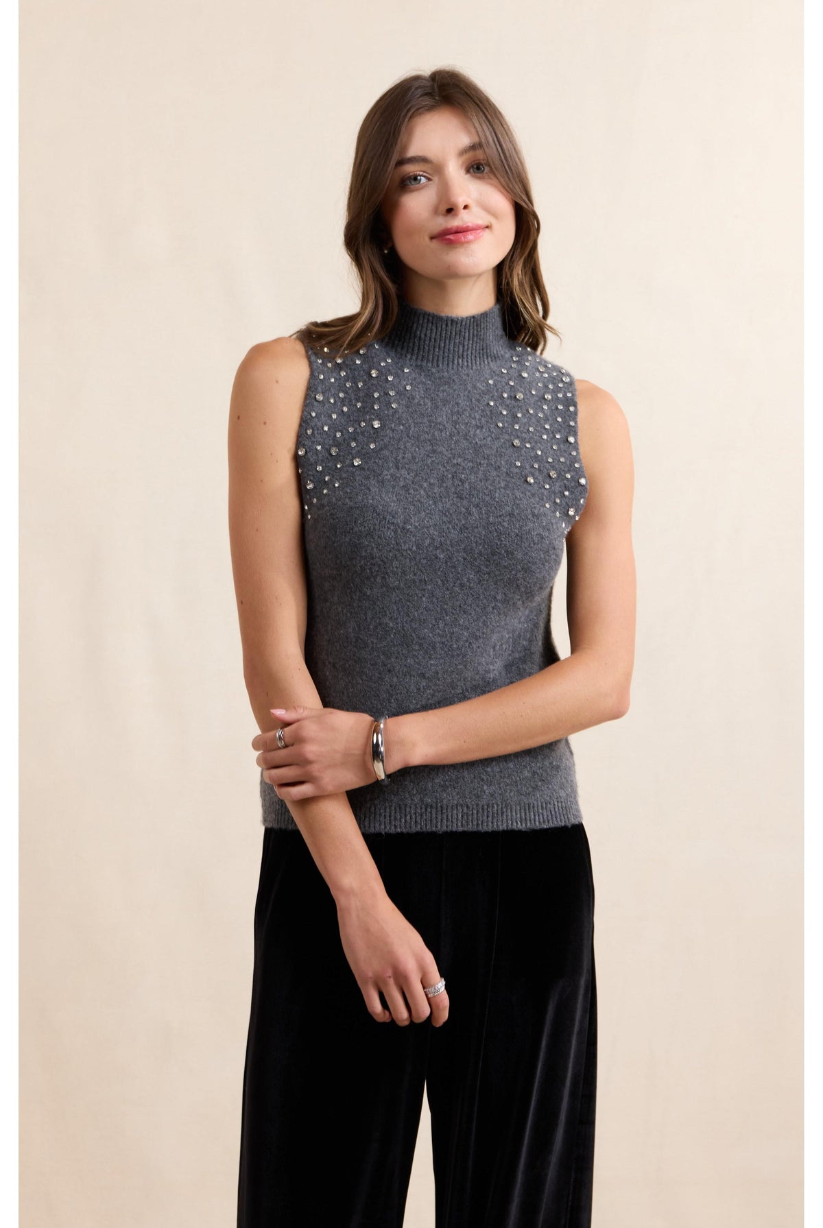 Sadie & Sage Shelby Embellished Sweater Vest in Charcoal-Vest-Sadie & Sage-Deja Nu Boutique, Women's Fashion Boutique in Lampasas, Texas