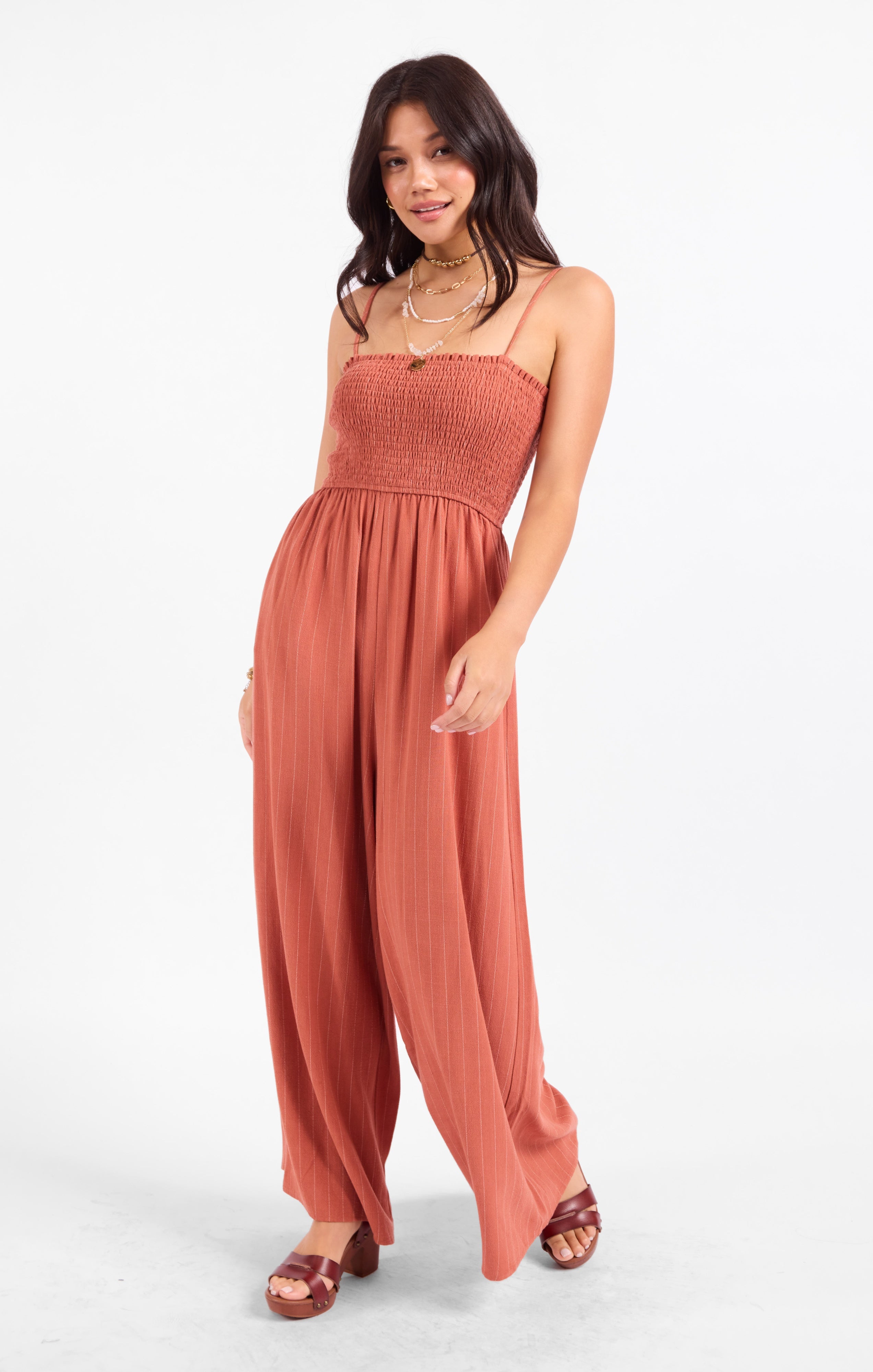 Sadie & Sage Sugarloaf Stripe Jumpsuit - Mahogany White-Rompers & Jumpsuits-Sadie & Sage-Deja Nu Boutique, Women's Fashion Boutique in Lampasas, Texas