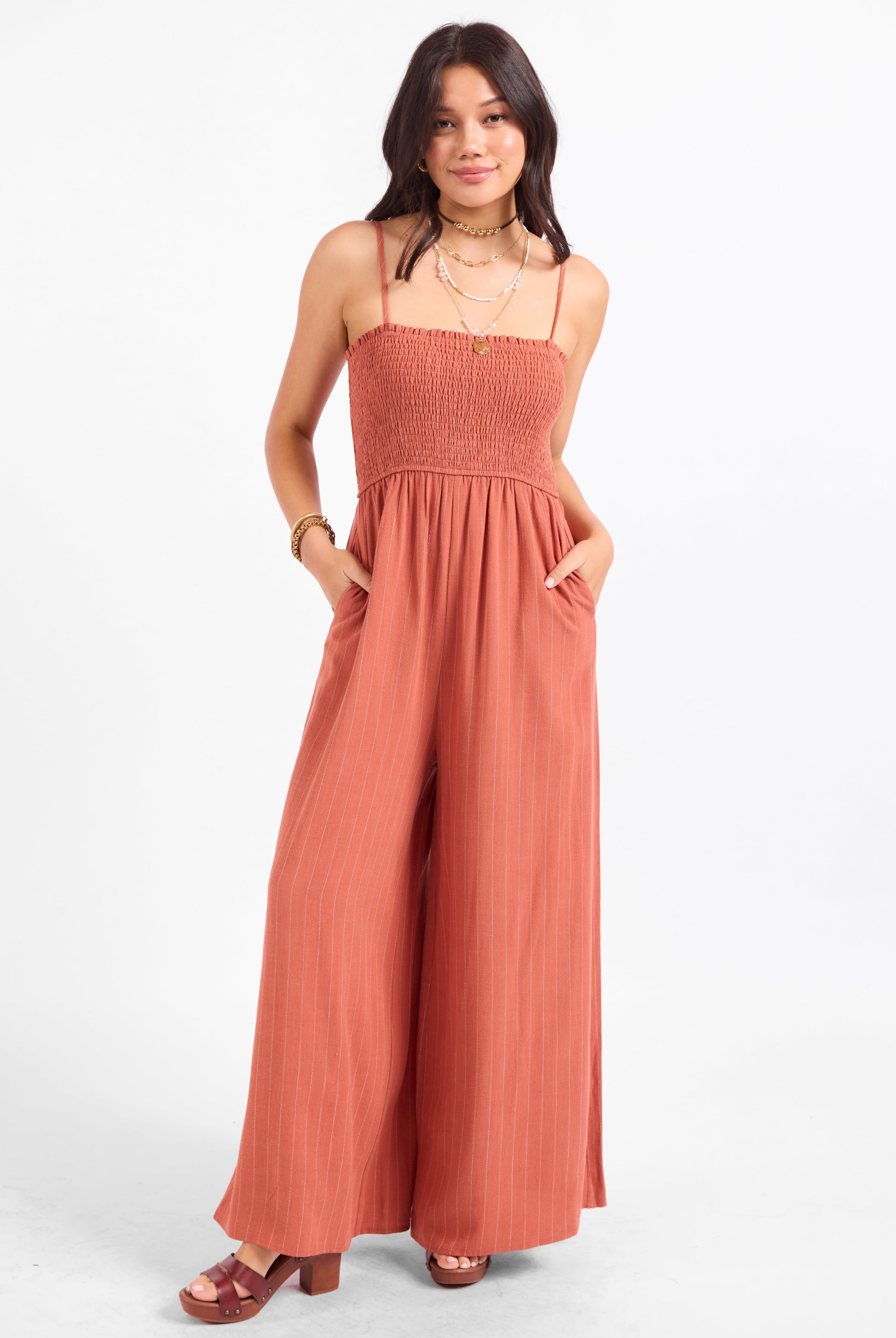 Sadie & Sage Sugarloaf Stripe Jumpsuit - Mahogany White-Rompers & Jumpsuits-Sadie & Sage-Deja Nu Boutique, Women's Fashion Boutique in Lampasas, Texas