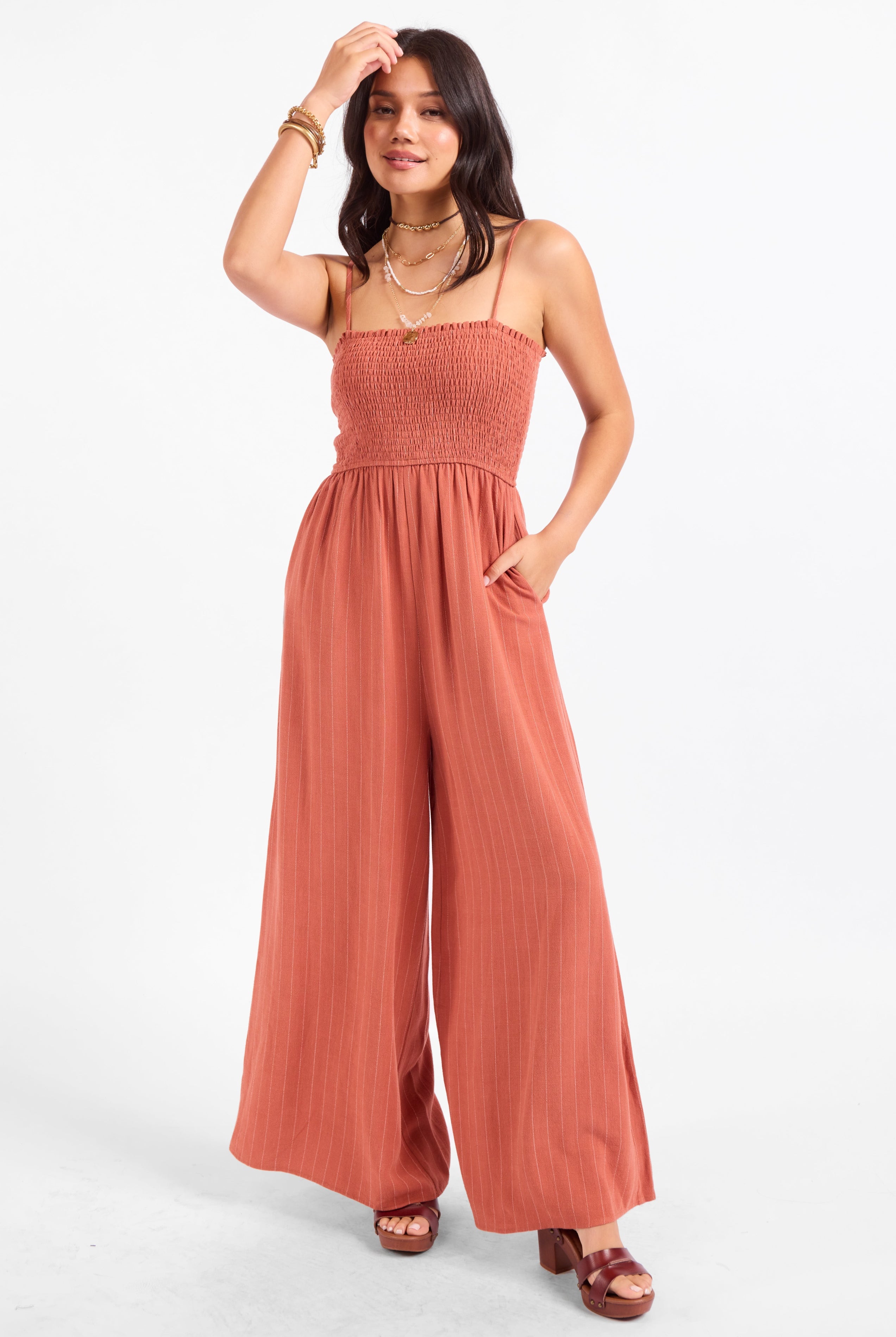Sadie & Sage Sugarloaf Stripe Jumpsuit - Mahogany White-Rompers & Jumpsuits-Sadie & Sage-Deja Nu Boutique, Women's Fashion Boutique in Lampasas, Texas