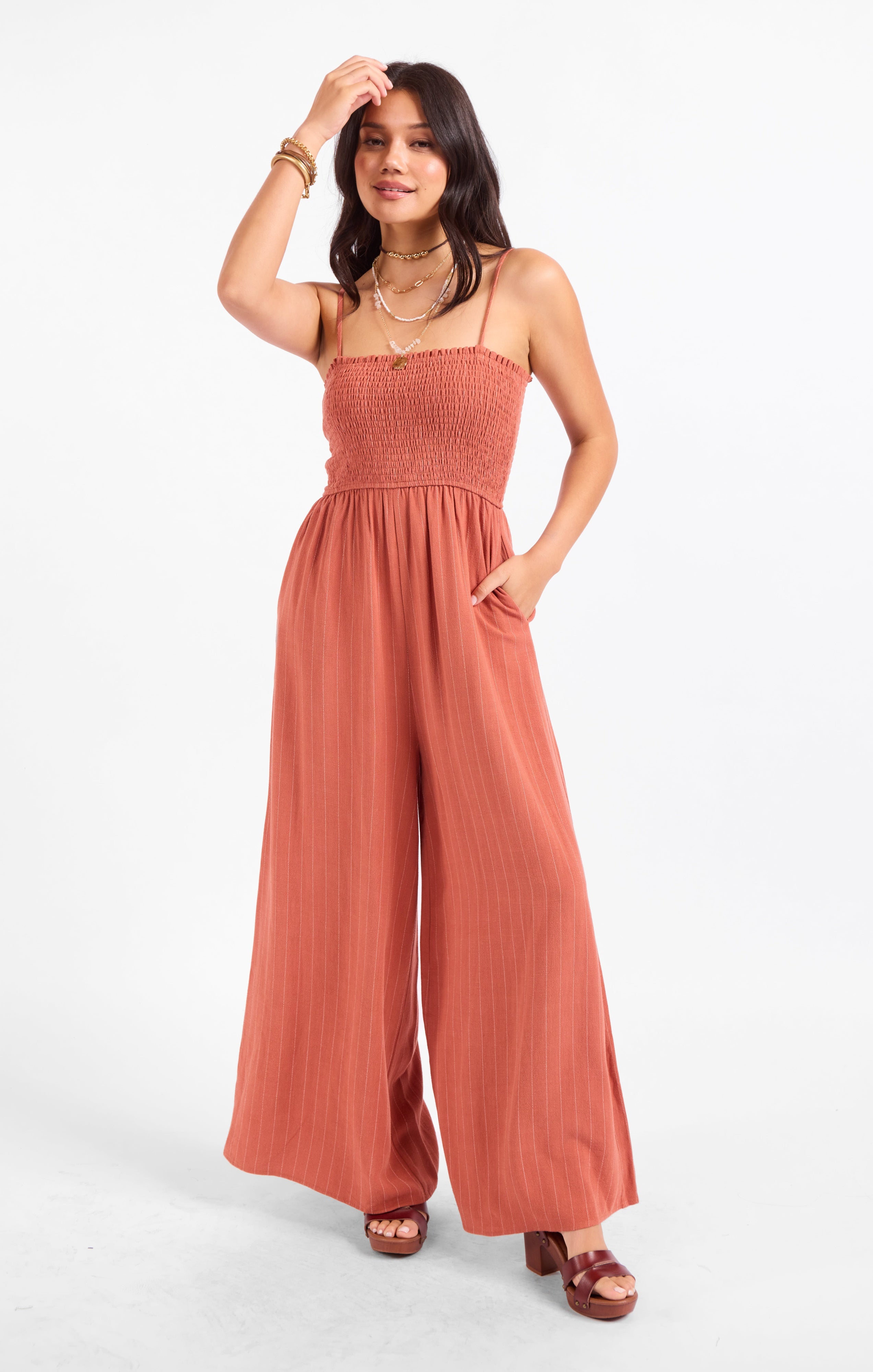 Sadie & Sage Sugarloaf Stripe Jumpsuit - Mahogany White-Rompers & Jumpsuits-Sadie & Sage-Deja Nu Boutique, Women's Fashion Boutique in Lampasas, Texas