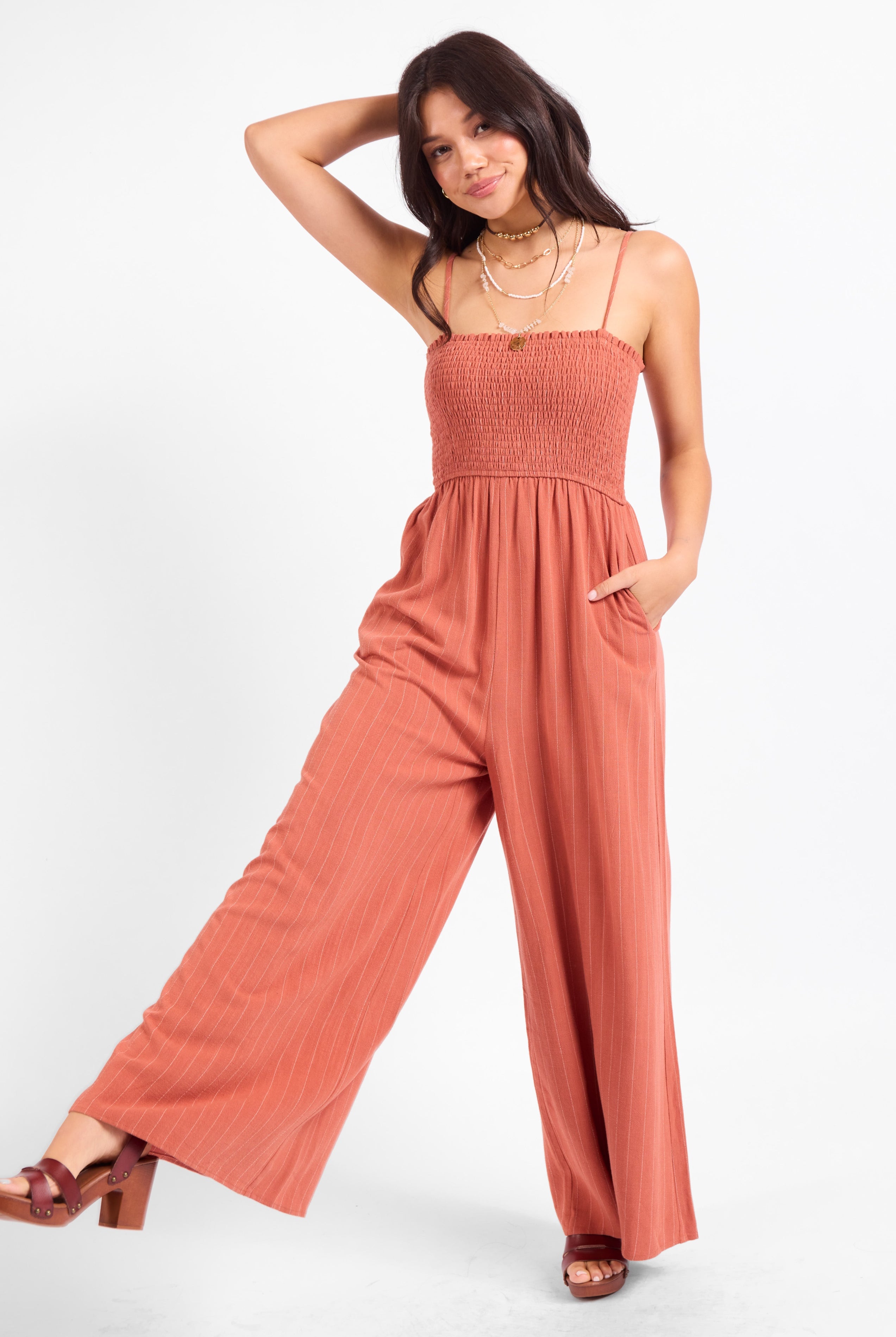 Sadie & Sage Sugarloaf Stripe Jumpsuit - Mahogany White-Rompers & Jumpsuits-Sadie & Sage-Deja Nu Boutique, Women's Fashion Boutique in Lampasas, Texas