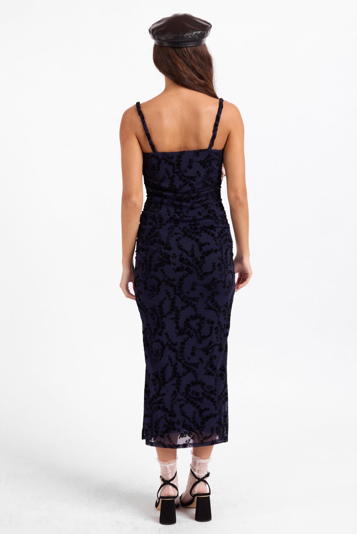 Sage The Label Begonia Ruched Midi Dress in Navy/Black-Midi Dresses-Sage The Label-Deja Nu Boutique, Women's Fashion Boutique in Lampasas, Texas