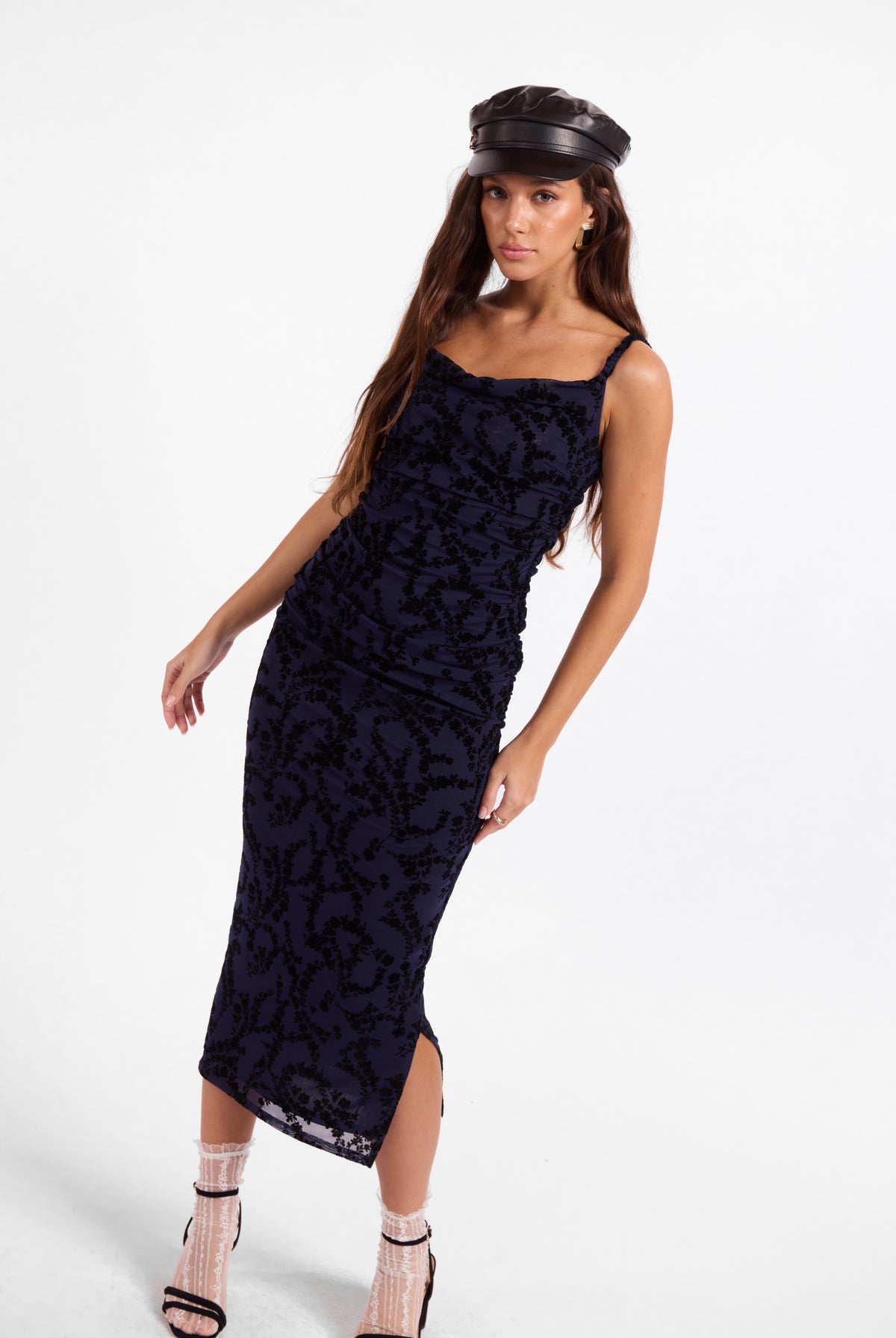 Sage The Label Begonia Ruched Midi Dress in Navy/Black-Midi Dresses-Sage The Label-Deja Nu Boutique, Women's Fashion Boutique in Lampasas, Texas