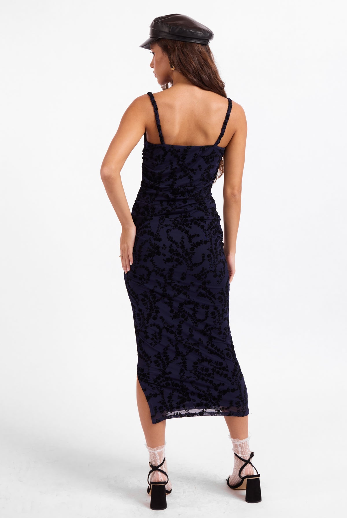 Sage The Label Begonia Ruched Midi Dress in Navy/Black-Midi Dresses-Sage The Label-Deja Nu Boutique, Women's Fashion Boutique in Lampasas, Texas