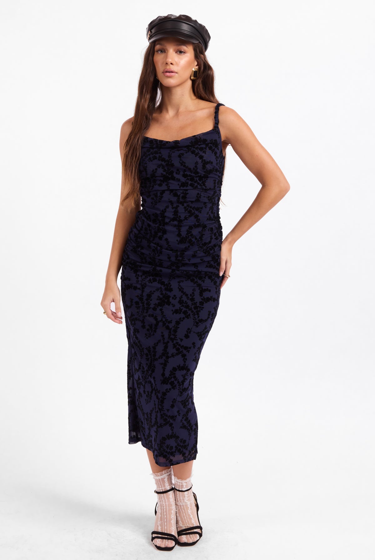 Sage The Label Begonia Ruched Midi Dress in Navy/Black-Midi Dresses-Sage The Label-Deja Nu Boutique, Women's Fashion Boutique in Lampasas, Texas