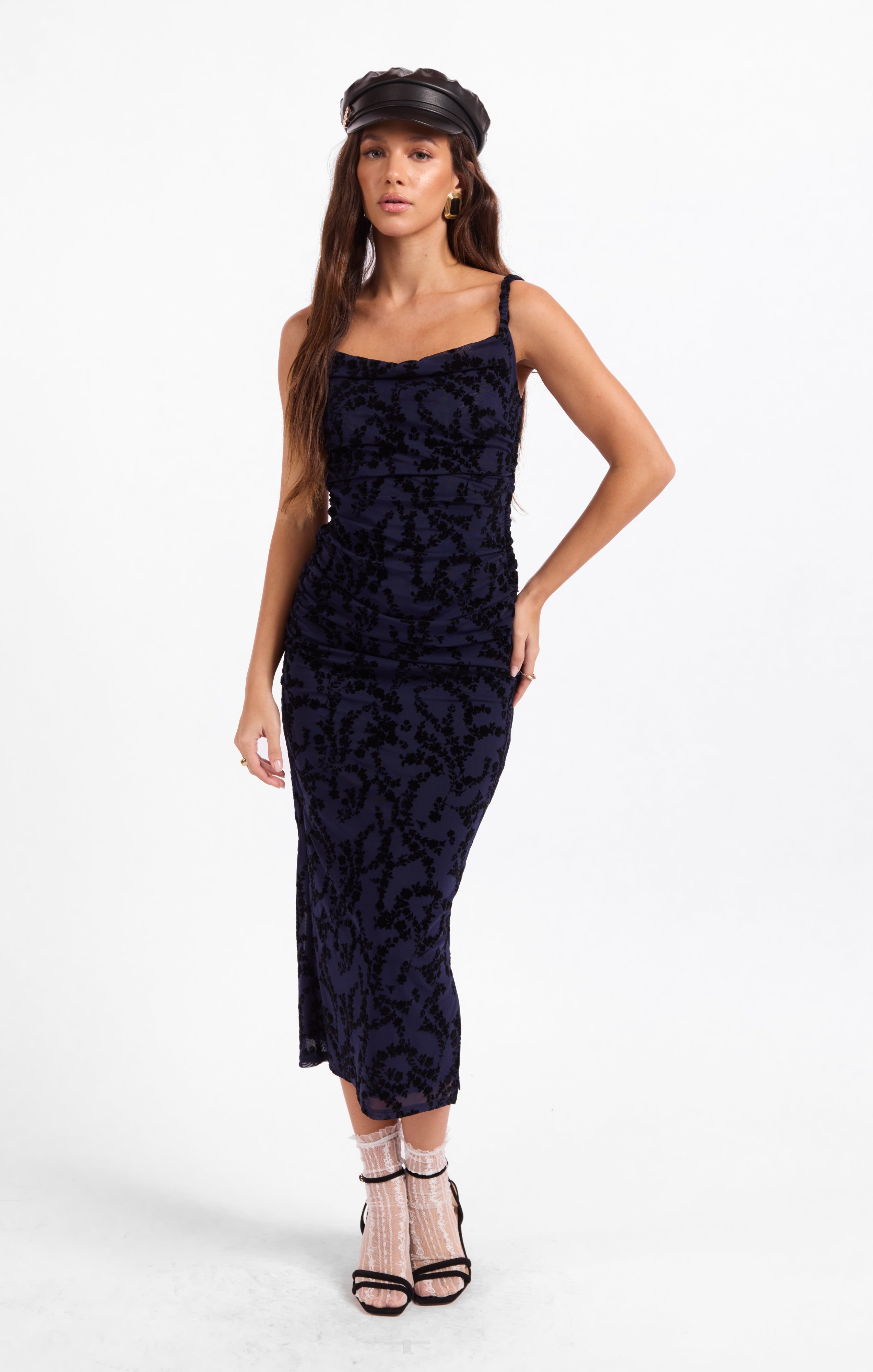 Sage The Label Begonia Ruched Midi Dress in Navy/Black-Midi Dresses-Sage The Label-Deja Nu Boutique, Women's Fashion Boutique in Lampasas, Texas