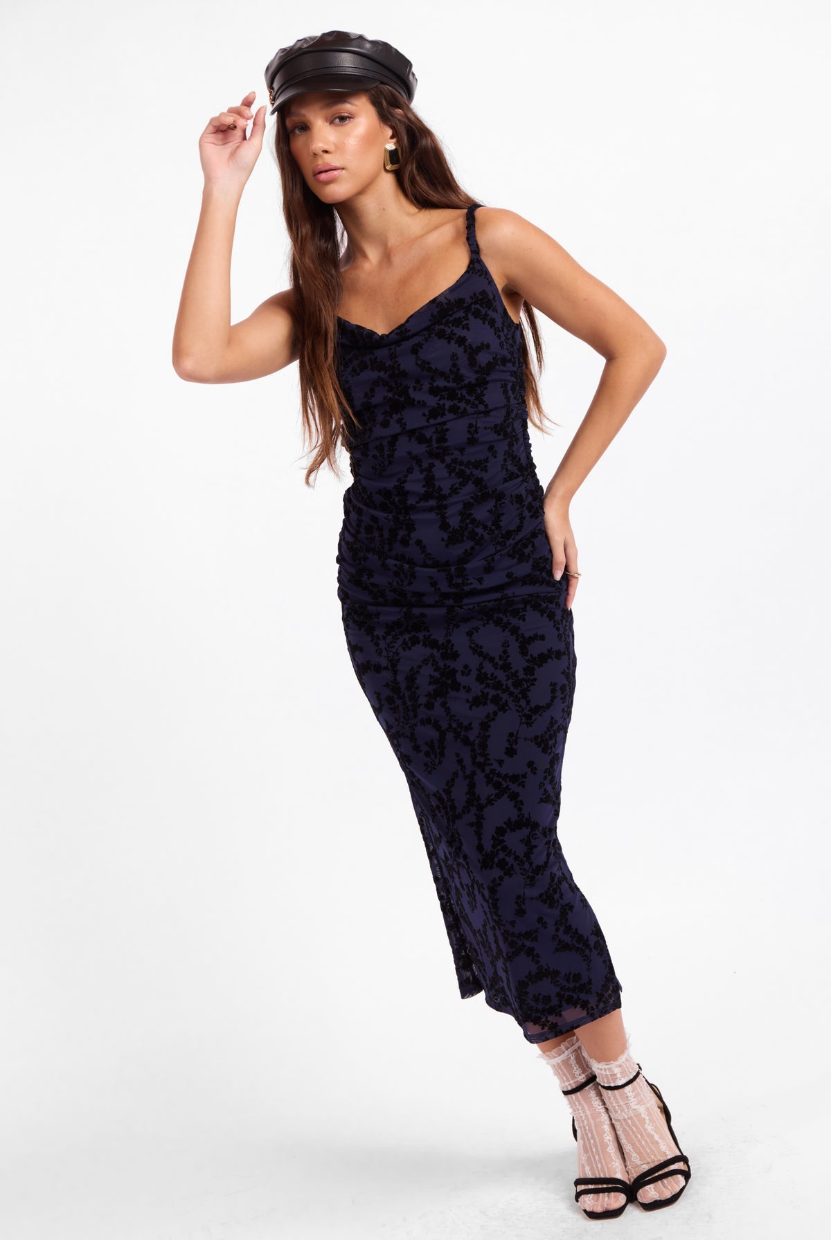 Sage The Label Begonia Ruched Midi Dress in Navy/Black-Midi Dresses-Sage The Label-Deja Nu Boutique, Women's Fashion Boutique in Lampasas, Texas