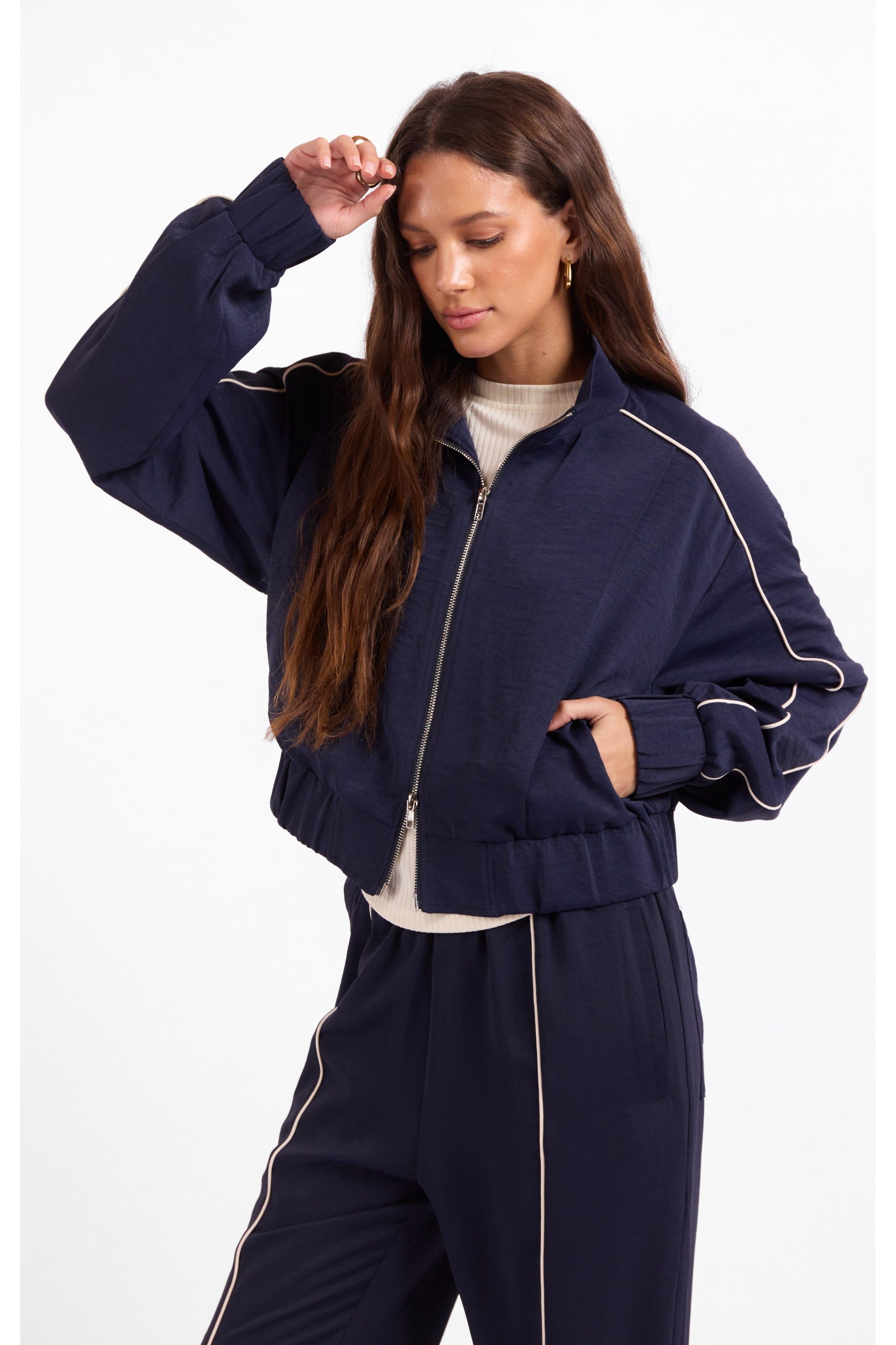 Sage the Label Bike Ride Track Jacket in Navy Ivory-Jackets-Sage The Label-Deja Nu Boutique, Women's Fashion Boutique in Lampasas, Texas