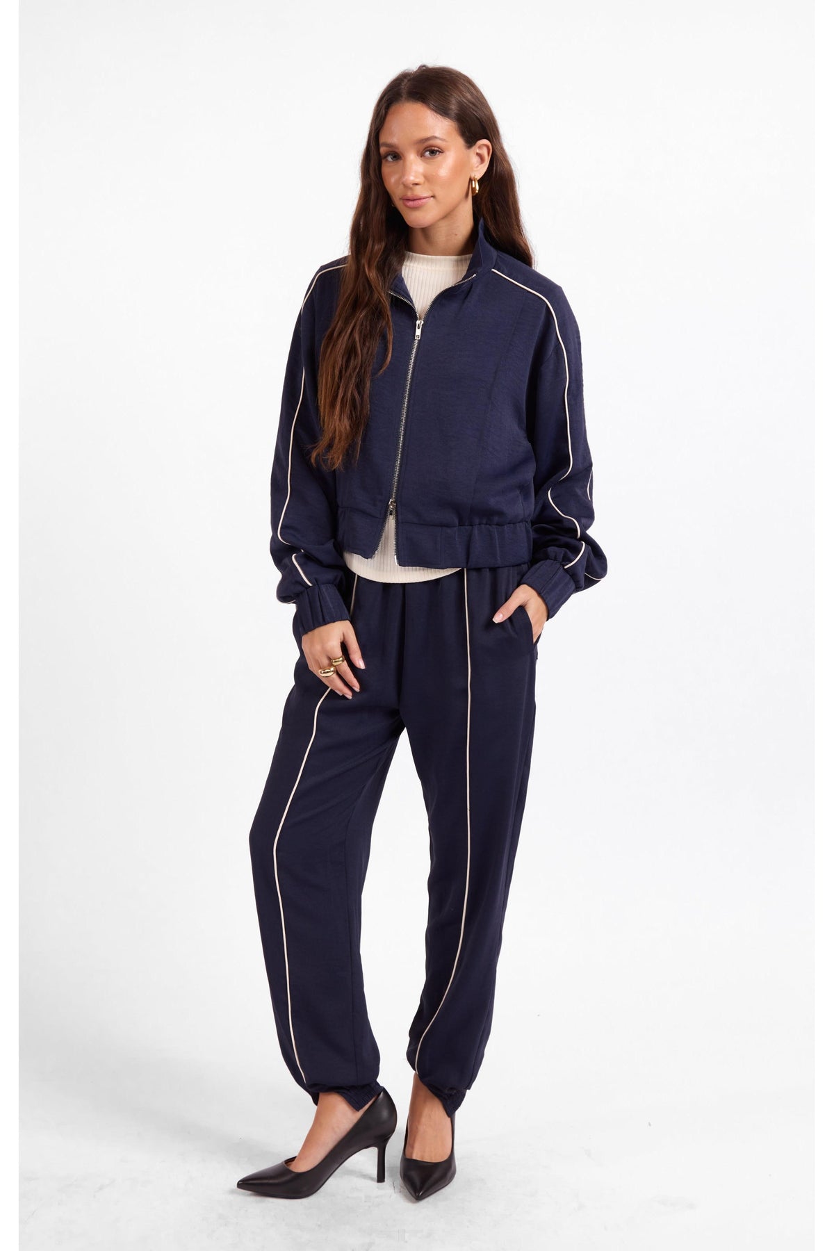 Sage the Label Bike Ride Track Jacket in Navy Ivory-Jackets-Sage The Label-Deja Nu Boutique, Women's Fashion Boutique in Lampasas, Texas