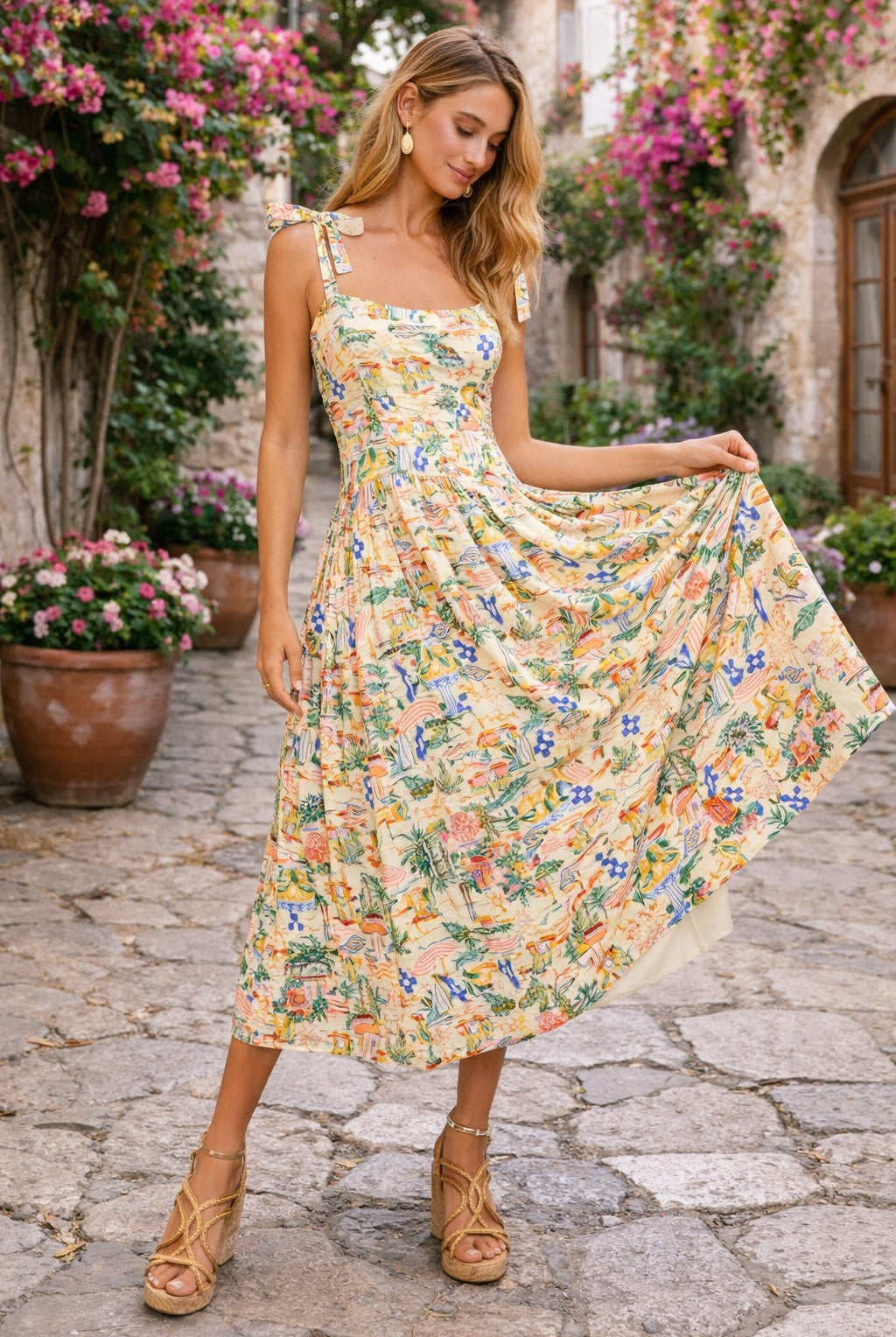 Sage the Label Nostalgic Paradise Midi Dress – Coral Rose Multi Tropical Print-Midi Dresses-Sage The Label-Deja Nu Boutique, Women's Fashion Boutique in Lampasas, Texas