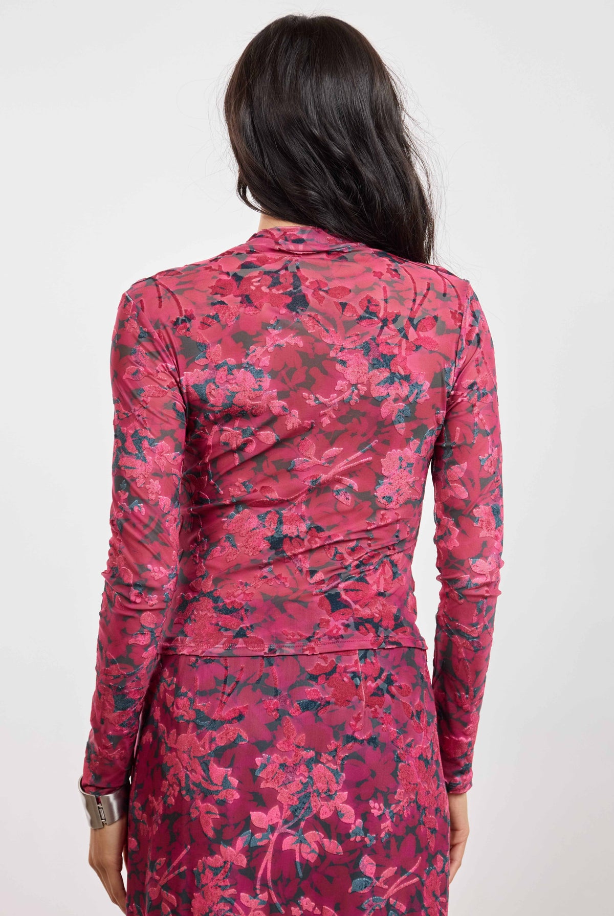 Sage the Label Velvet Rebellion Mock Neck Top in Fuchsia Multi-sheer top-Sage The Label-Deja Nu Boutique, Women's Fashion Boutique in Lampasas, Texas