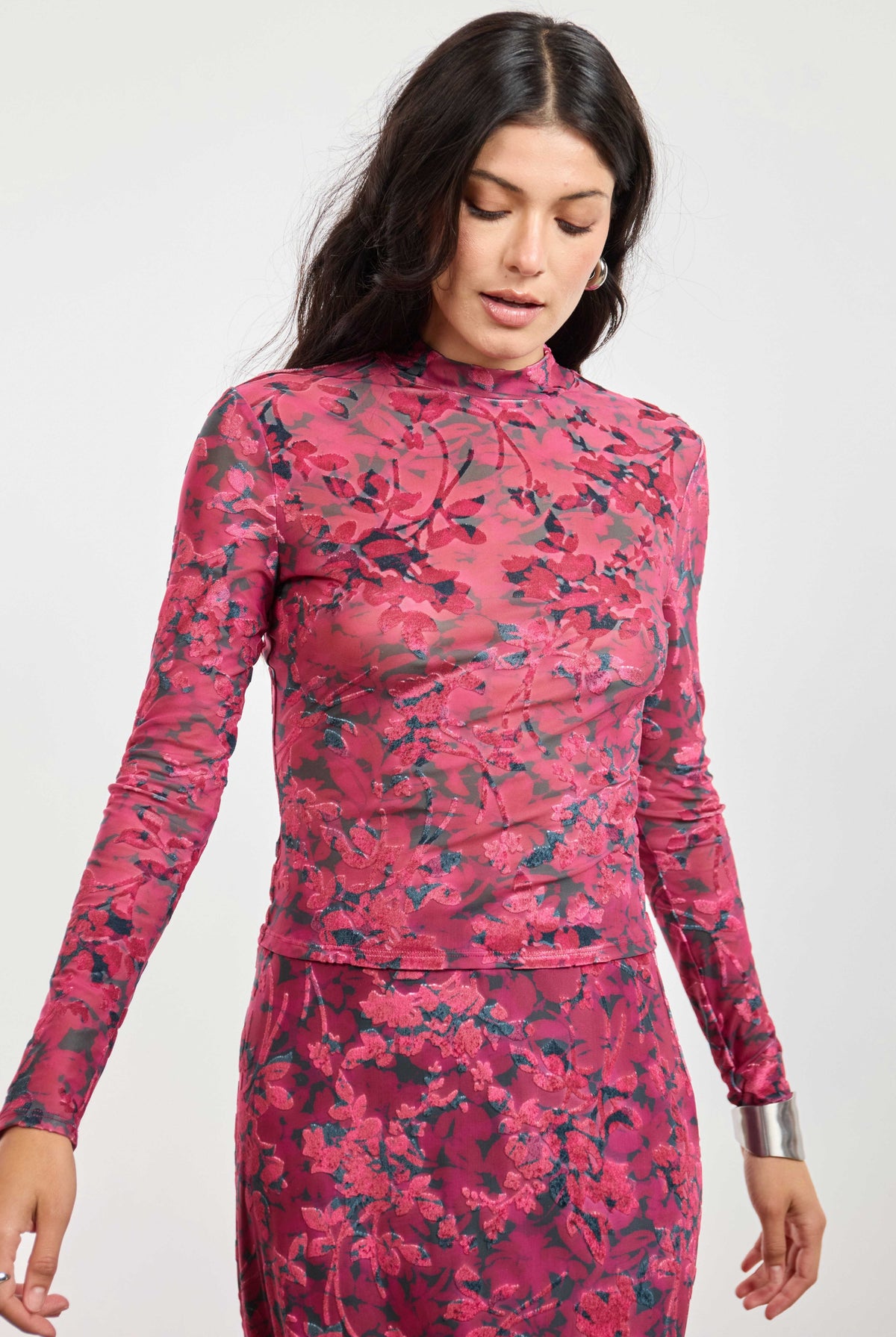 Sage the Label Velvet Rebellion Mock Neck Top in Fuchsia Multi-sheer top-Sage The Label-Deja Nu Boutique, Women's Fashion Boutique in Lampasas, Texas