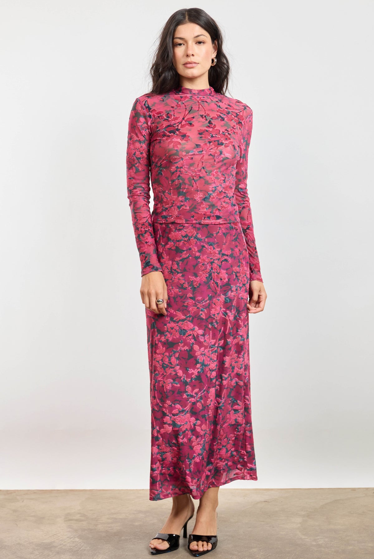 Sage the Label Velvet Rebellion Mock Neck Top in Fuchsia Multi-sheer top-Sage The Label-Deja Nu Boutique, Women's Fashion Boutique in Lampasas, Texas
