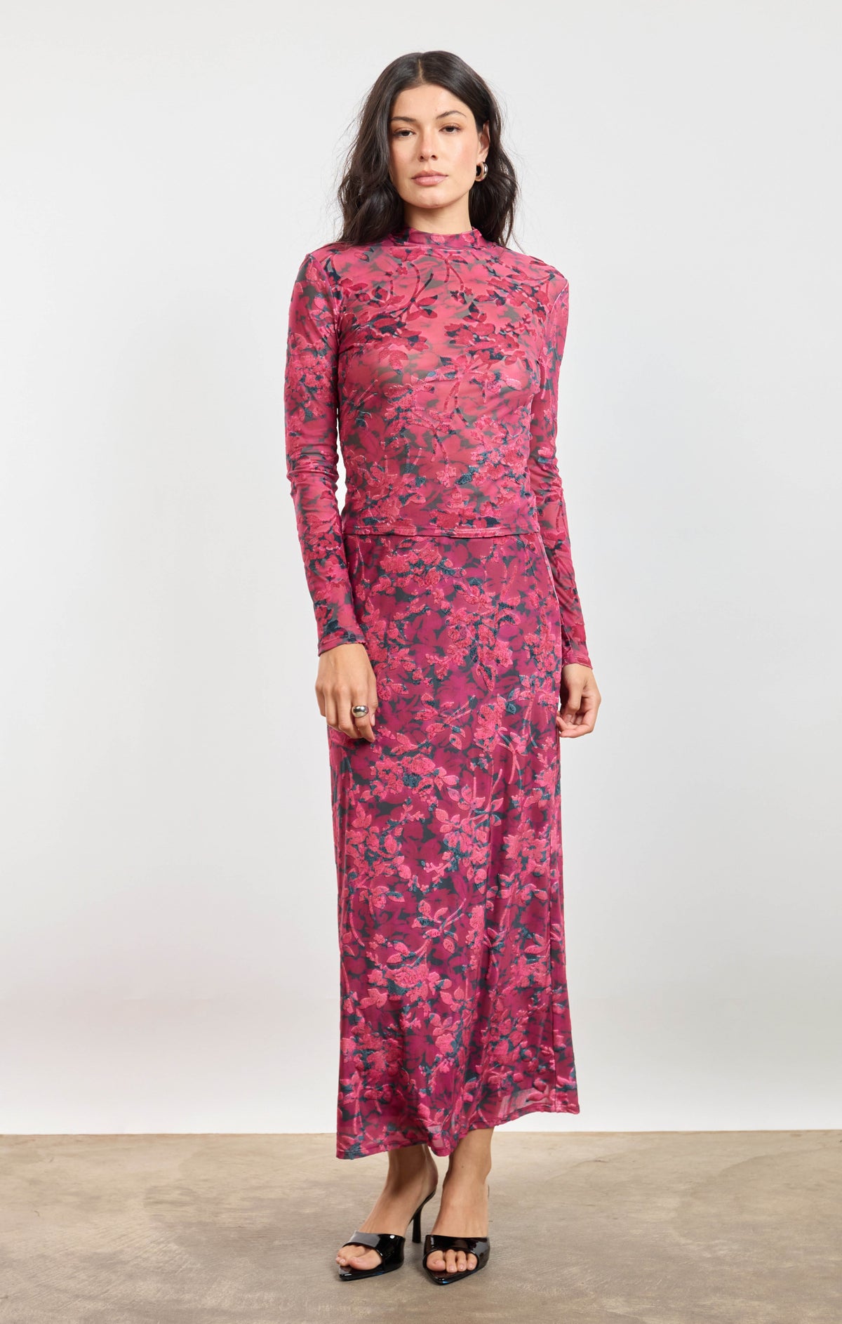 Sage the Label Velvet Rebellion Mock Neck Top in Fuchsia Multi-sheer top-Sage The Label-Deja Nu Boutique, Women's Fashion Boutique in Lampasas, Texas