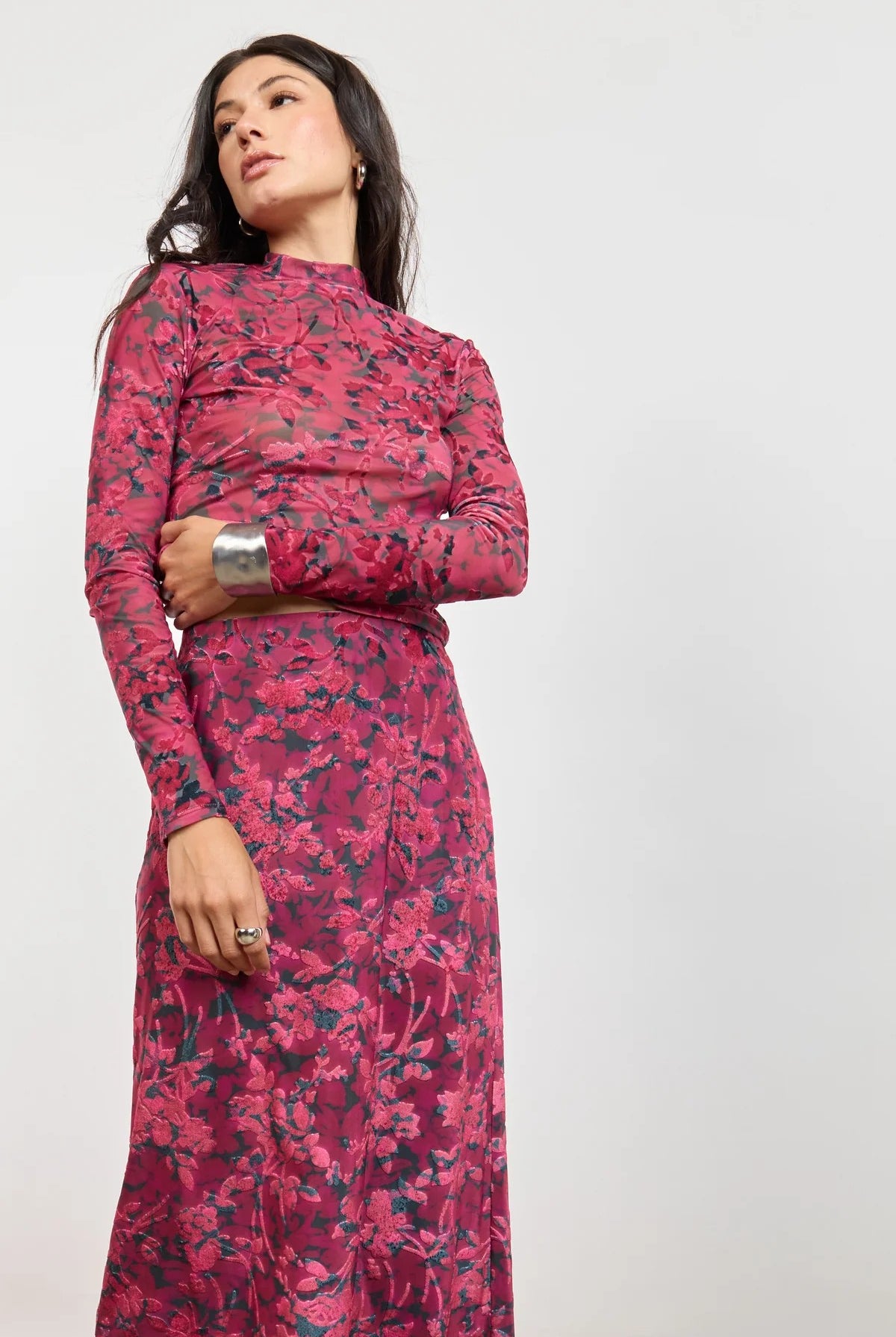 Sage the Label Velvet Rebellion Mock Neck Top in Fuchsia Multi-sheer top-Sage The Label-Deja Nu Boutique, Women's Fashion Boutique in Lampasas, Texas