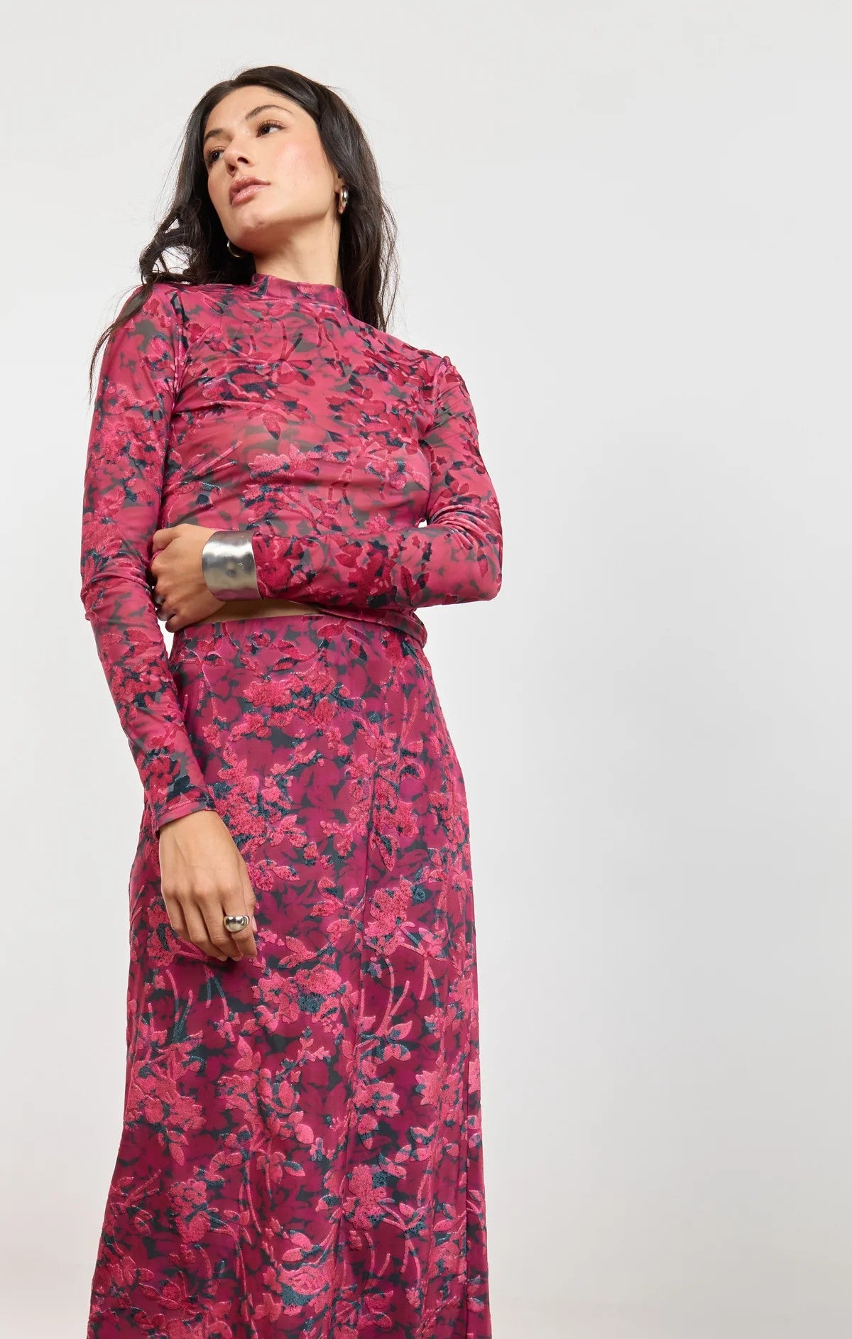 Sage the Label Velvet Rebellion Mock Neck Top in Fuchsia Multi-sheer top-Sage The Label-Deja Nu Boutique, Women's Fashion Boutique in Lampasas, Texas