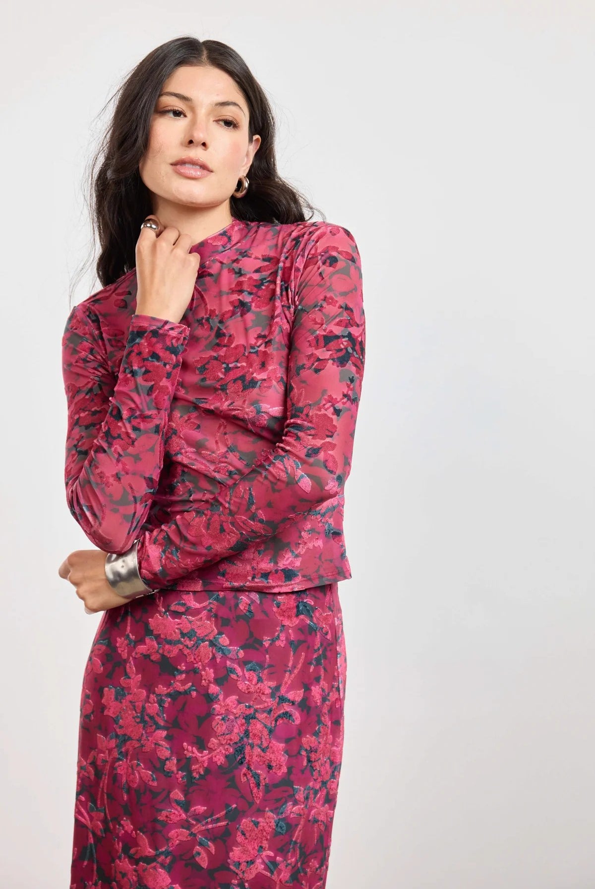 Sage the Label Velvet Rebellion Mock Neck Top in Fuchsia Multi-sheer top-Sage The Label-Deja Nu Boutique, Women's Fashion Boutique in Lampasas, Texas