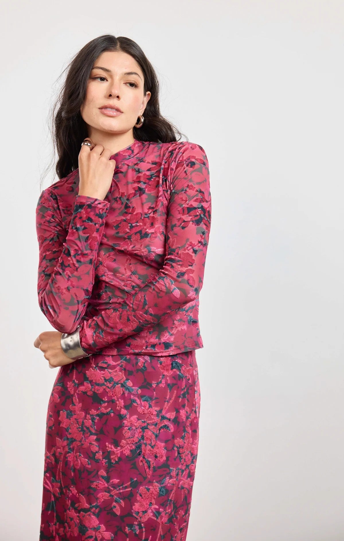 Sage the Label Velvet Rebellion Mock Neck Top in Fuchsia Multi-sheer top-Sage The Label-Deja Nu Boutique, Women's Fashion Boutique in Lampasas, Texas