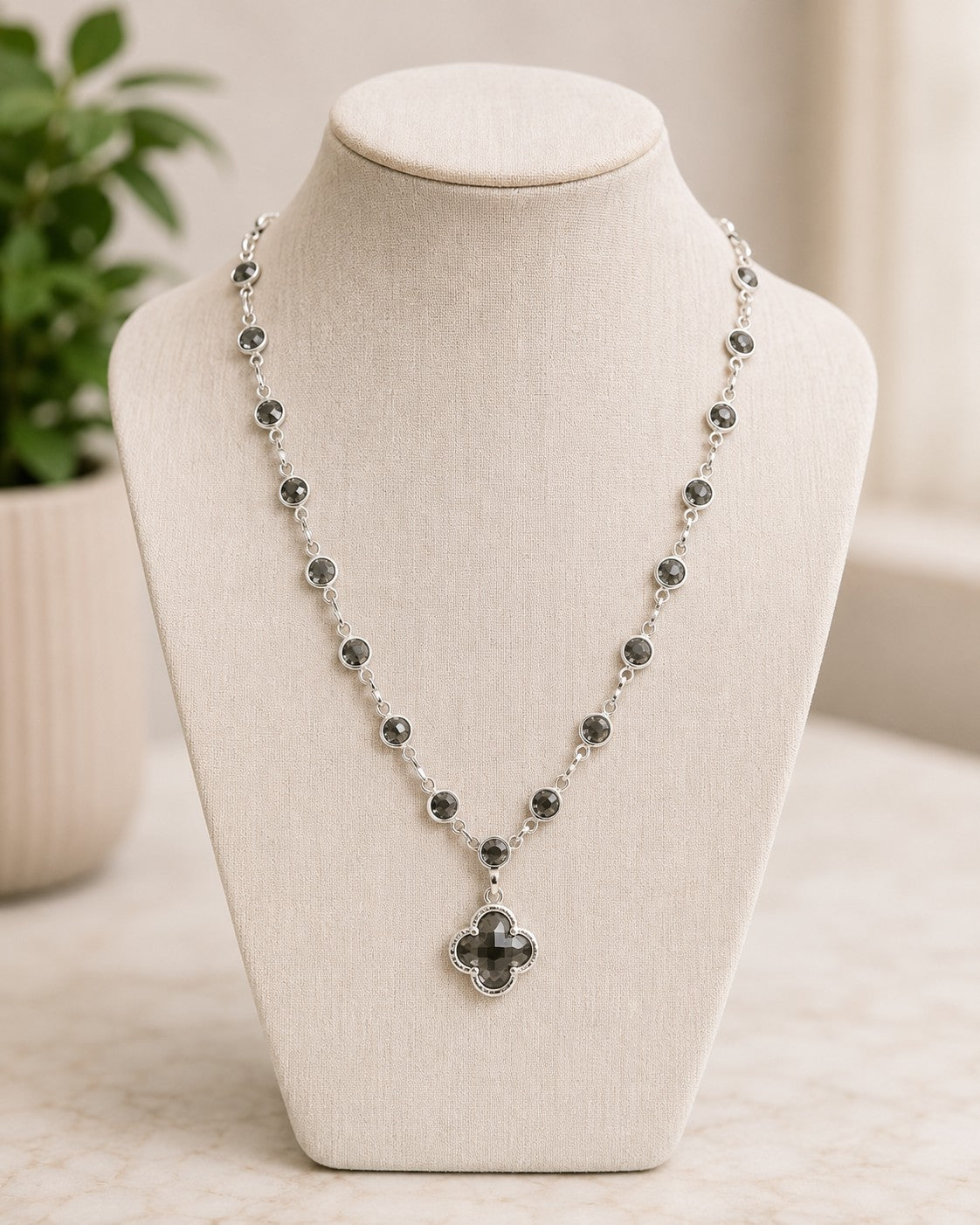 Smoky Crystal Clover Pendant Necklace-Necklace-Deja Nu-Deja Nu Boutique, Women's Fashion Boutique in Lampasas, Texas