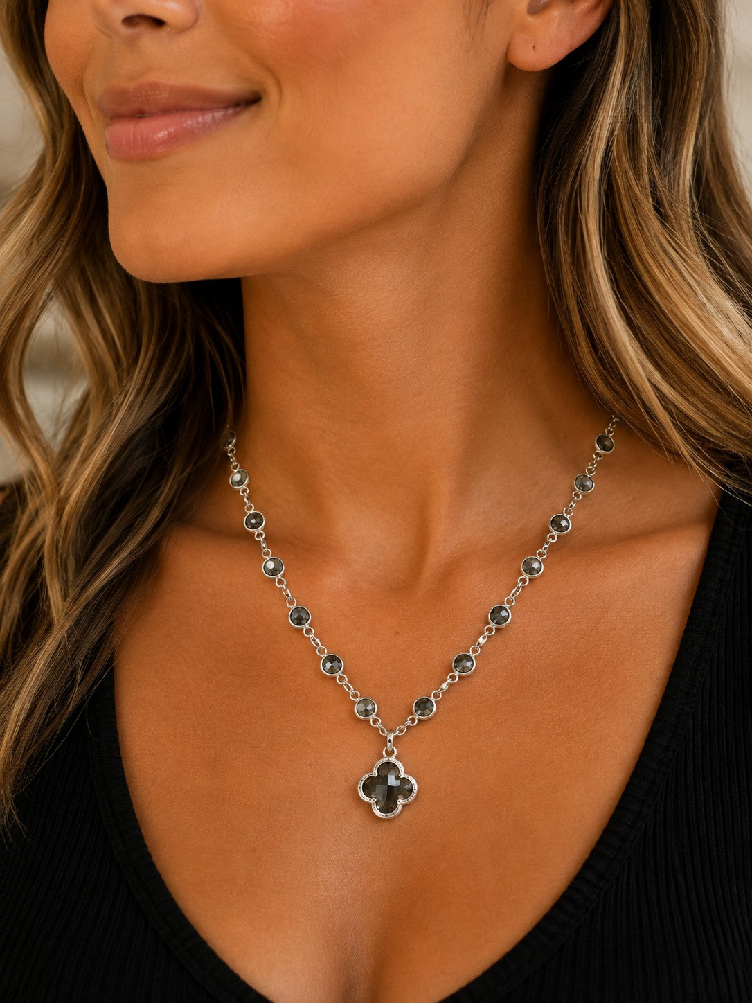 Smoky Crystal Clover Pendant Necklace-Necklace-Deja Nu-Deja Nu Boutique, Women's Fashion Boutique in Lampasas, Texas