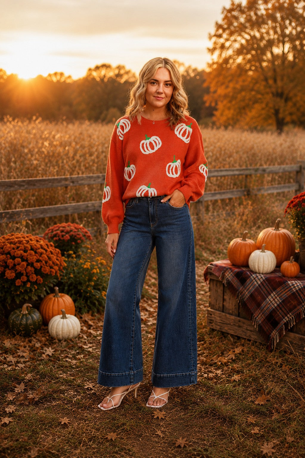 Vine & Love Pumpkin Embroidered Crew Neck Knitted Sweater Top-Sweaters-Vine & Love-Deja Nu Boutique, Women's Fashion Boutique in Lampasas, Texas