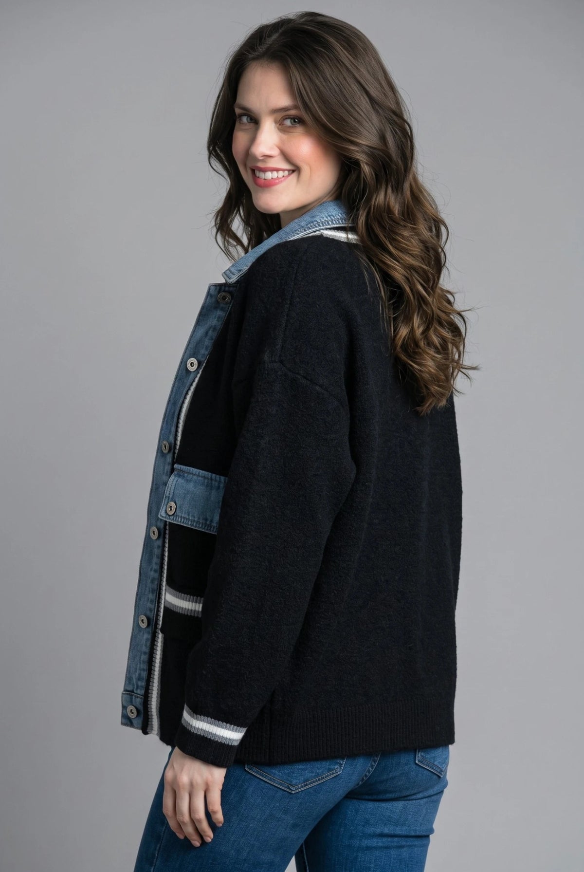 Tempo Paris Black Denim Detail Two Pocket Sweater Jacket-Outerwear-Tempo Paris-Deja Nu Boutique, Women's Fashion Boutique in Lampasas, Texas