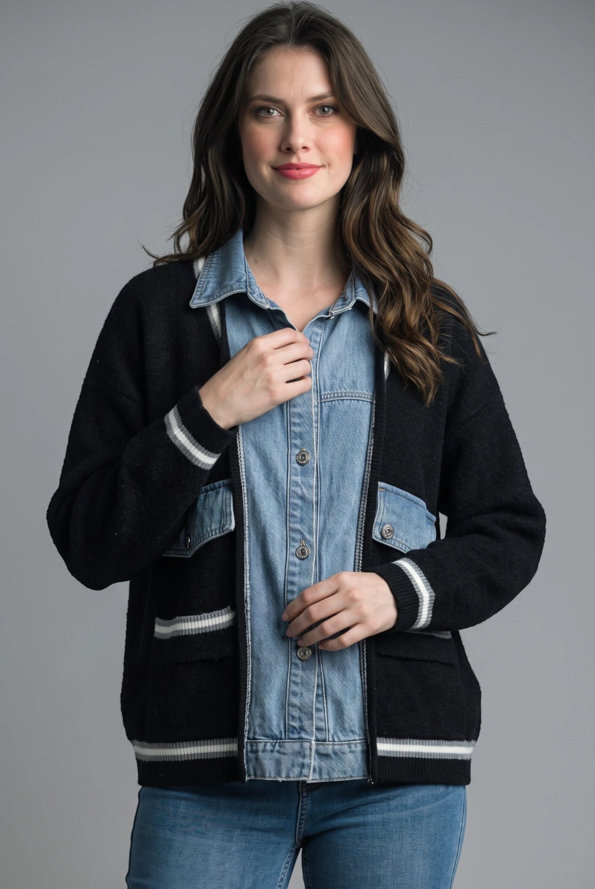 Tempo Paris Black Denim Detail Two Pocket Sweater Jacket-Outerwear-Tempo Paris-Deja Nu Boutique, Women's Fashion Boutique in Lampasas, Texas