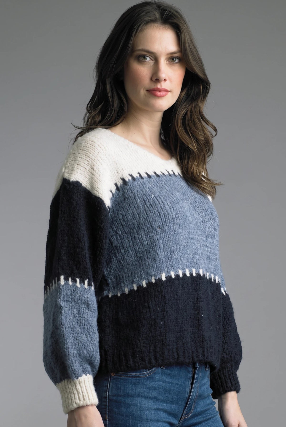 Tempo Paris Denim Color Block Sweater-Sweaters-Tempo Paris-Deja Nu Boutique, Women's Fashion Boutique in Lampasas, Texas