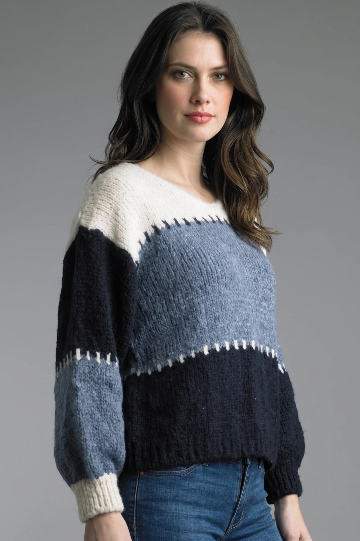 Tempo Paris Denim Color Block Sweater-Sweaters-Tempo Paris-Deja Nu Boutique, Women's Fashion Boutique in Lampasas, Texas