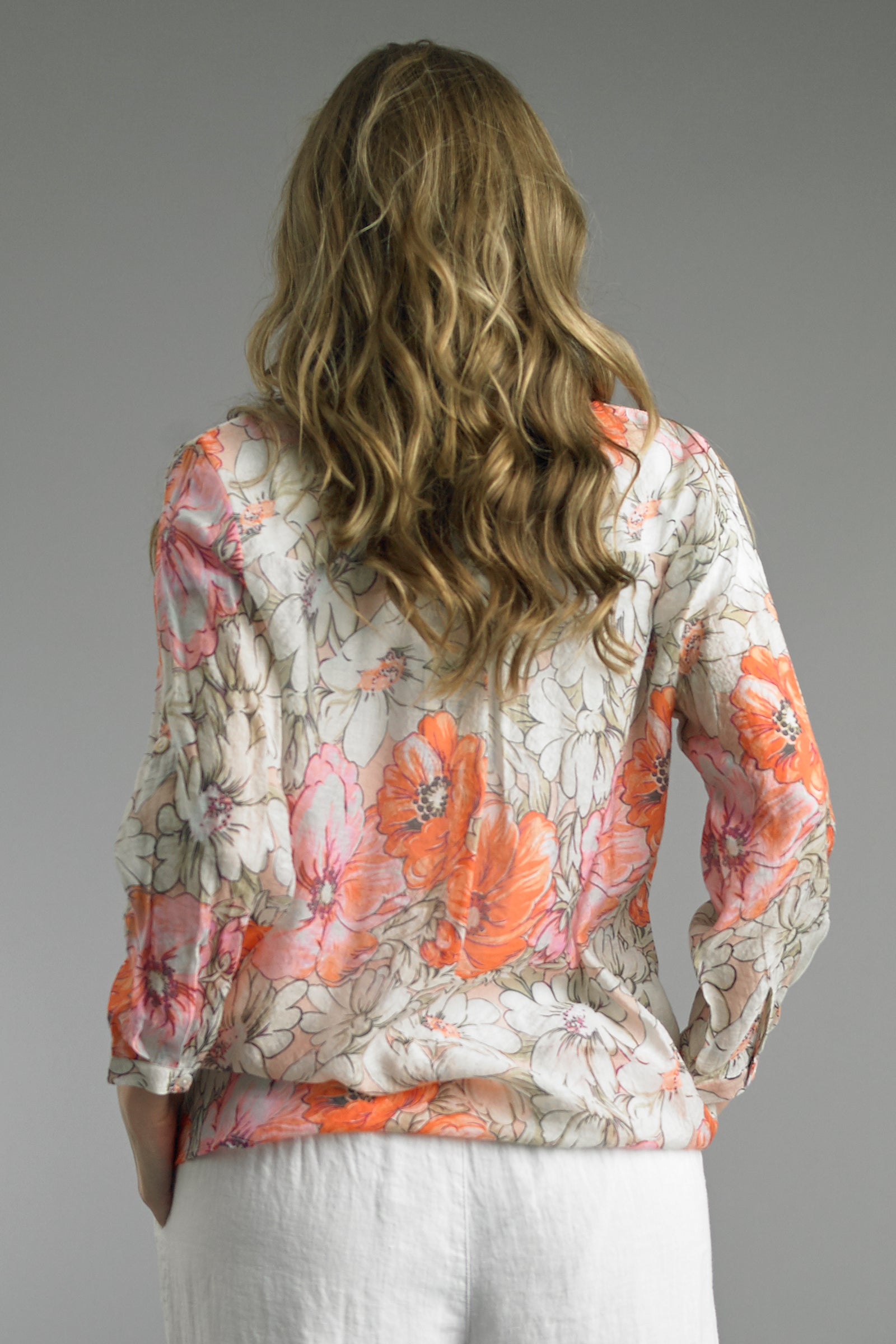 Tempo Paris Orange Floral Button Front Blouse Lightweight Rayon Top-shirts-Tempo Paris-Deja Nu Boutique, Women's Fashion Boutique in Lampasas, Texas