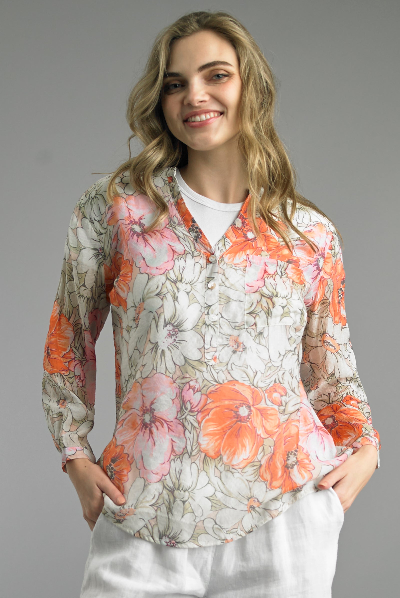 Tempo Paris Orange Floral Button Front Blouse Lightweight Rayon Top-shirts-Tempo Paris-Deja Nu Boutique, Women's Fashion Boutique in Lampasas, Texas