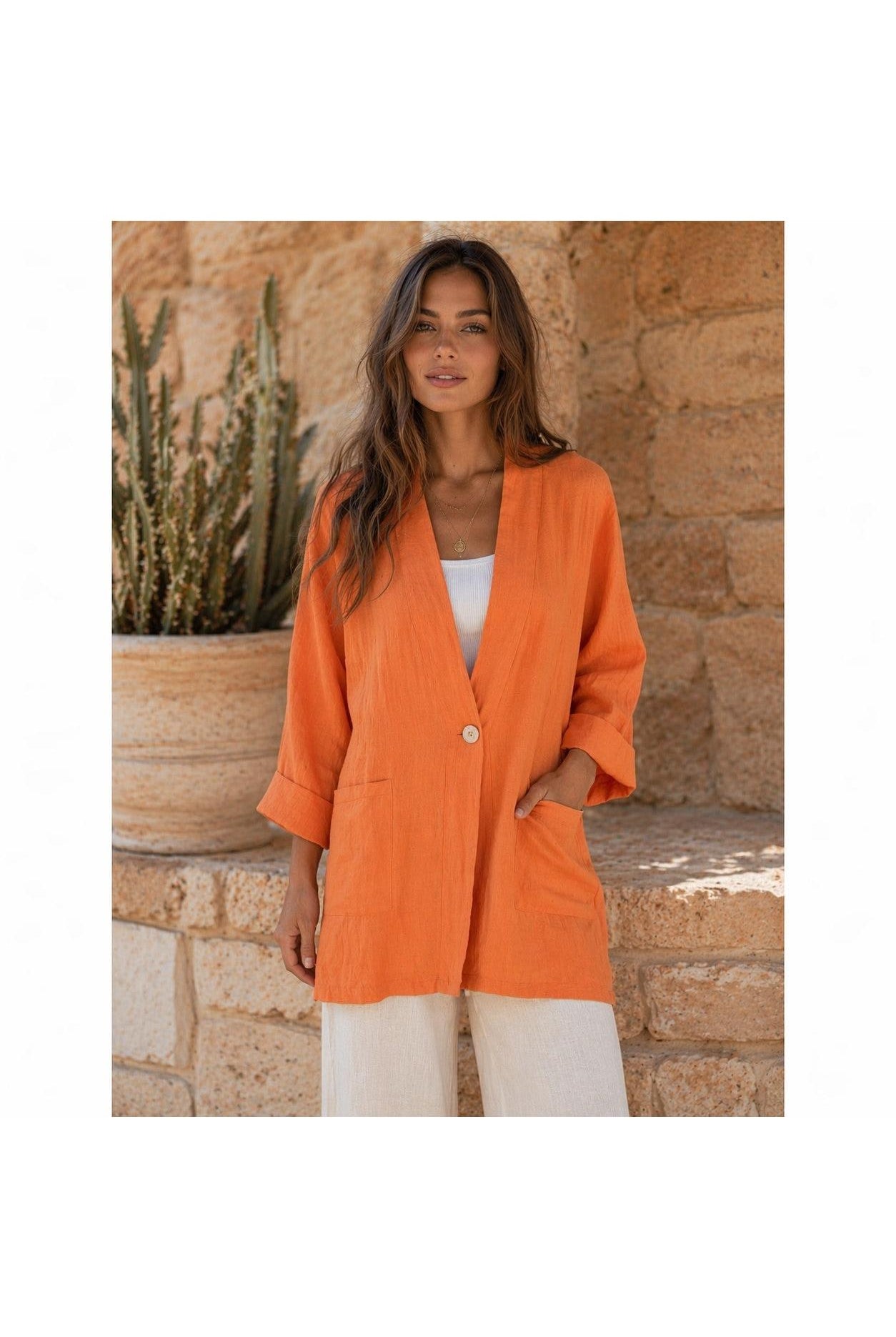 Tempo Paris Orange Linen Oversized One Button Jacket-Jackets-Tempo Paris-Deja Nu Boutique, Women's Fashion Boutique in Lampasas, Texas