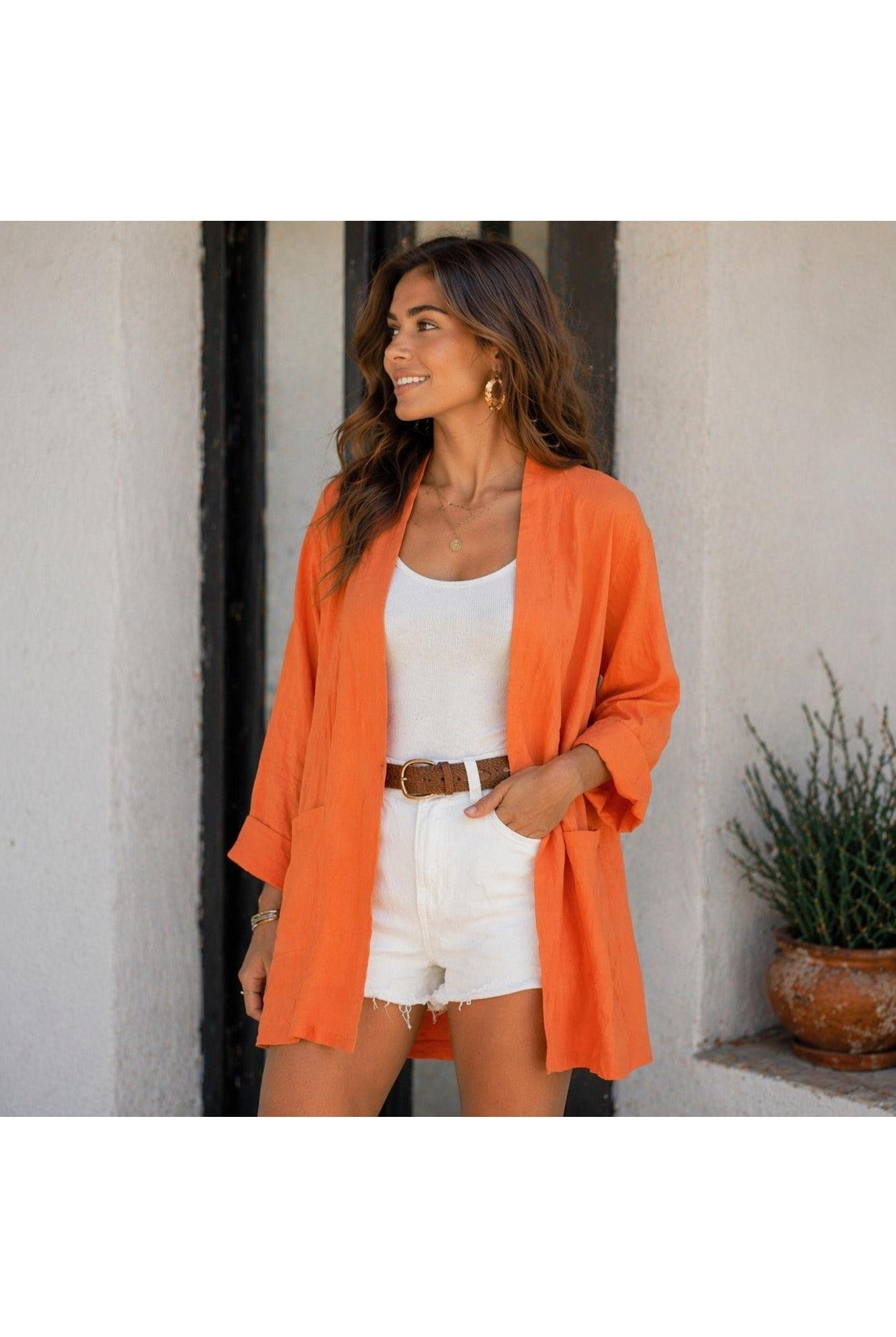 Tempo Paris Orange Linen Oversized One Button Jacket-Jackets-Tempo Paris-Deja Nu Boutique, Women's Fashion Boutique in Lampasas, Texas