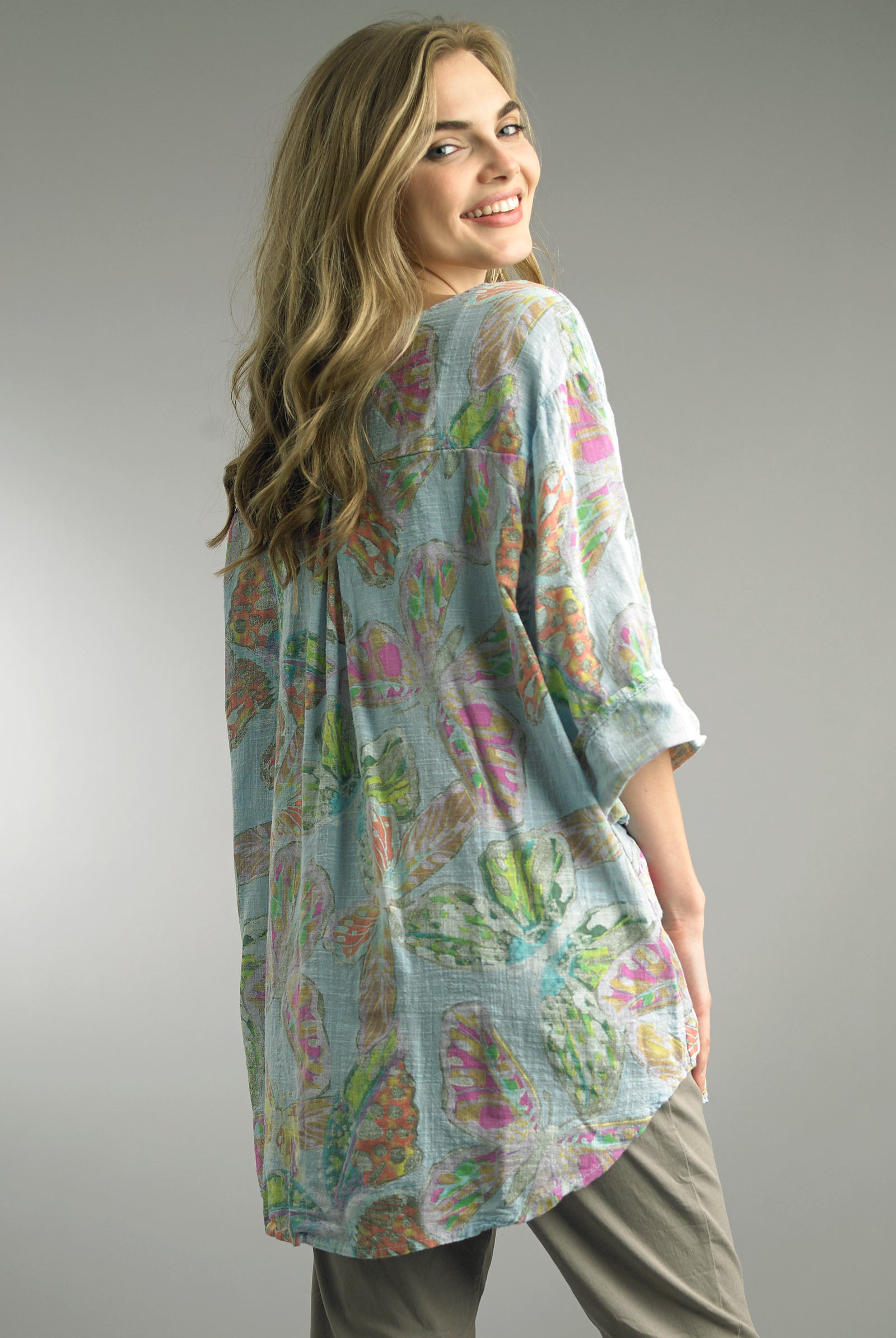 Tempo Paris Blue Butterfly Print Blouse-shirts-Tempo Paris-Deja Nu Boutique, Women's Fashion Boutique in Lampasas, Texas