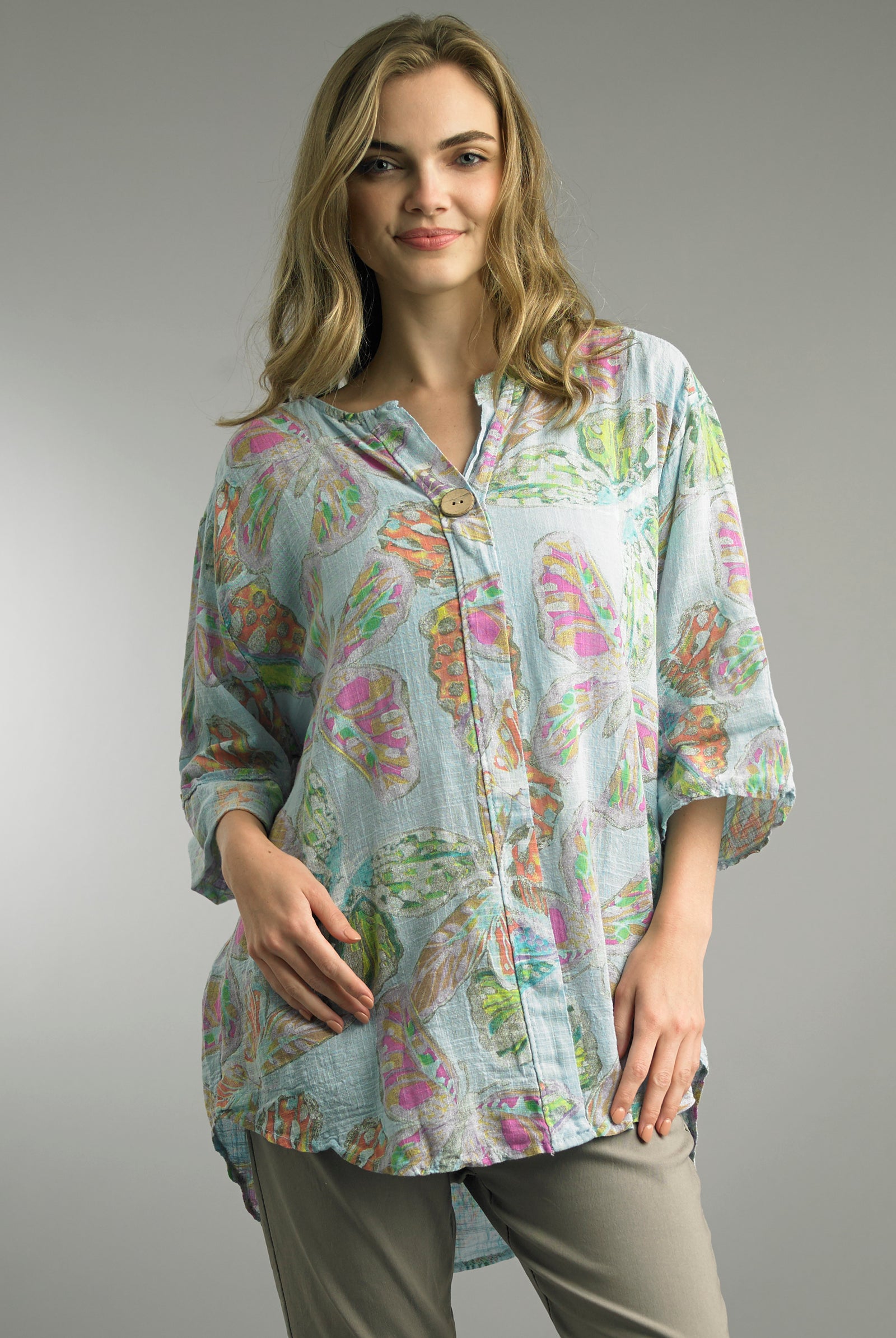 Tempo Paris Blue Butterfly Print Blouse-shirts-Tempo Paris-Deja Nu Boutique, Women's Fashion Boutique in Lampasas, Texas