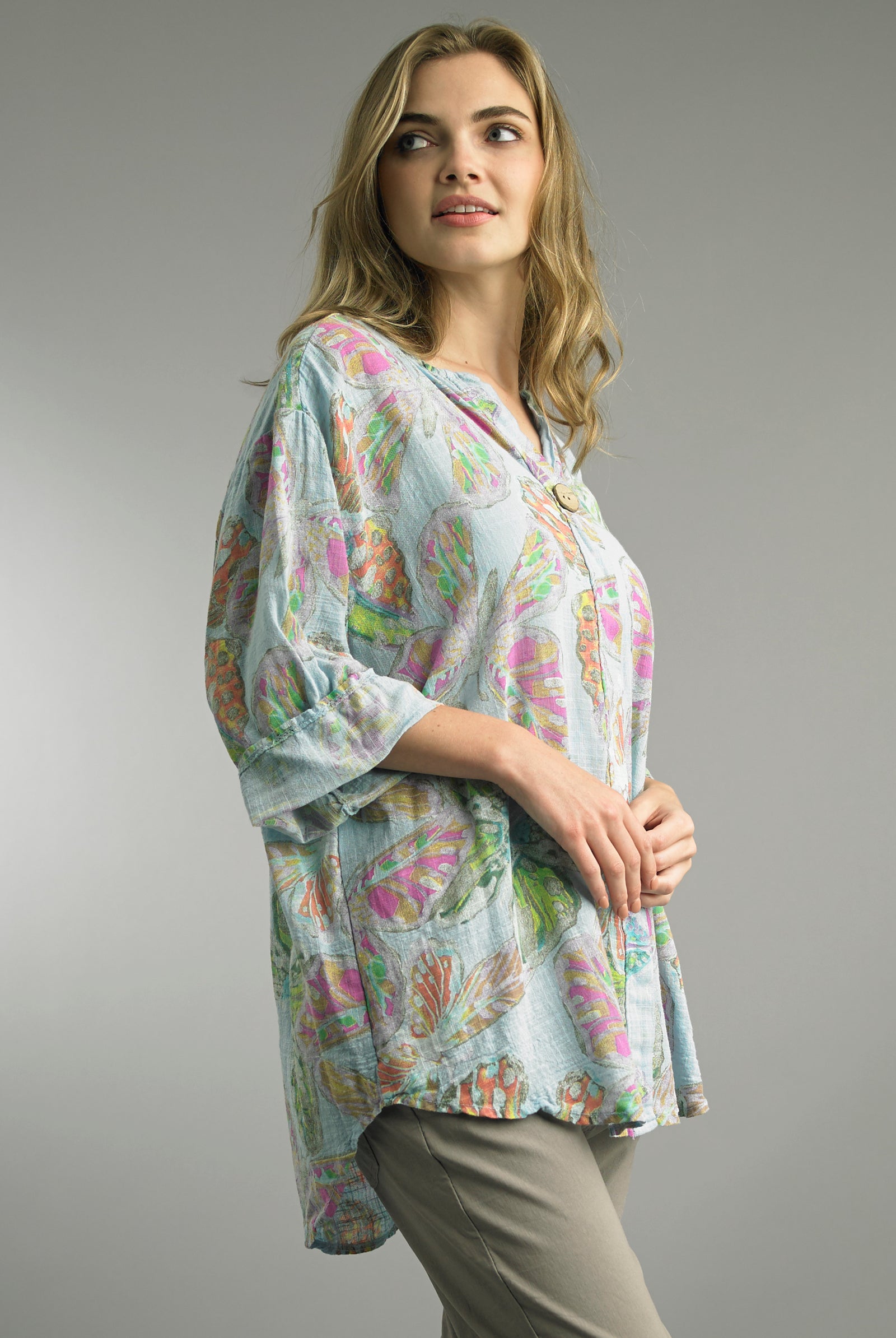 Tempo Paris Blue Butterfly Print Blouse-shirts-Tempo Paris-Deja Nu Boutique, Women's Fashion Boutique in Lampasas, Texas