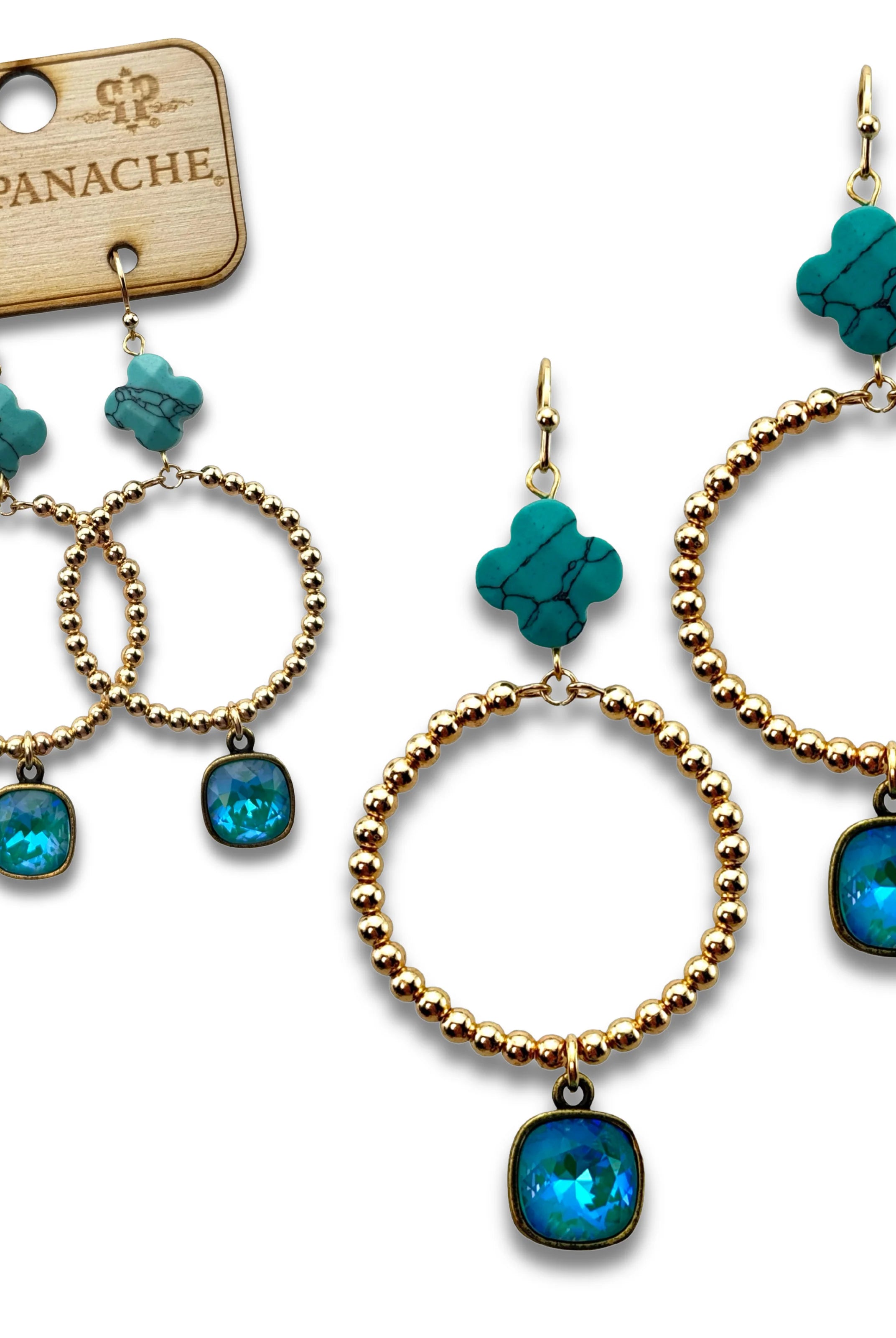 Pink Panache Turquoise Clover Bead Hoop Earrings with Austrian Crystal-Earrings-Pink Panache-Deja Nu Boutique, Women's Fashion Boutique in Lampasas, Texas