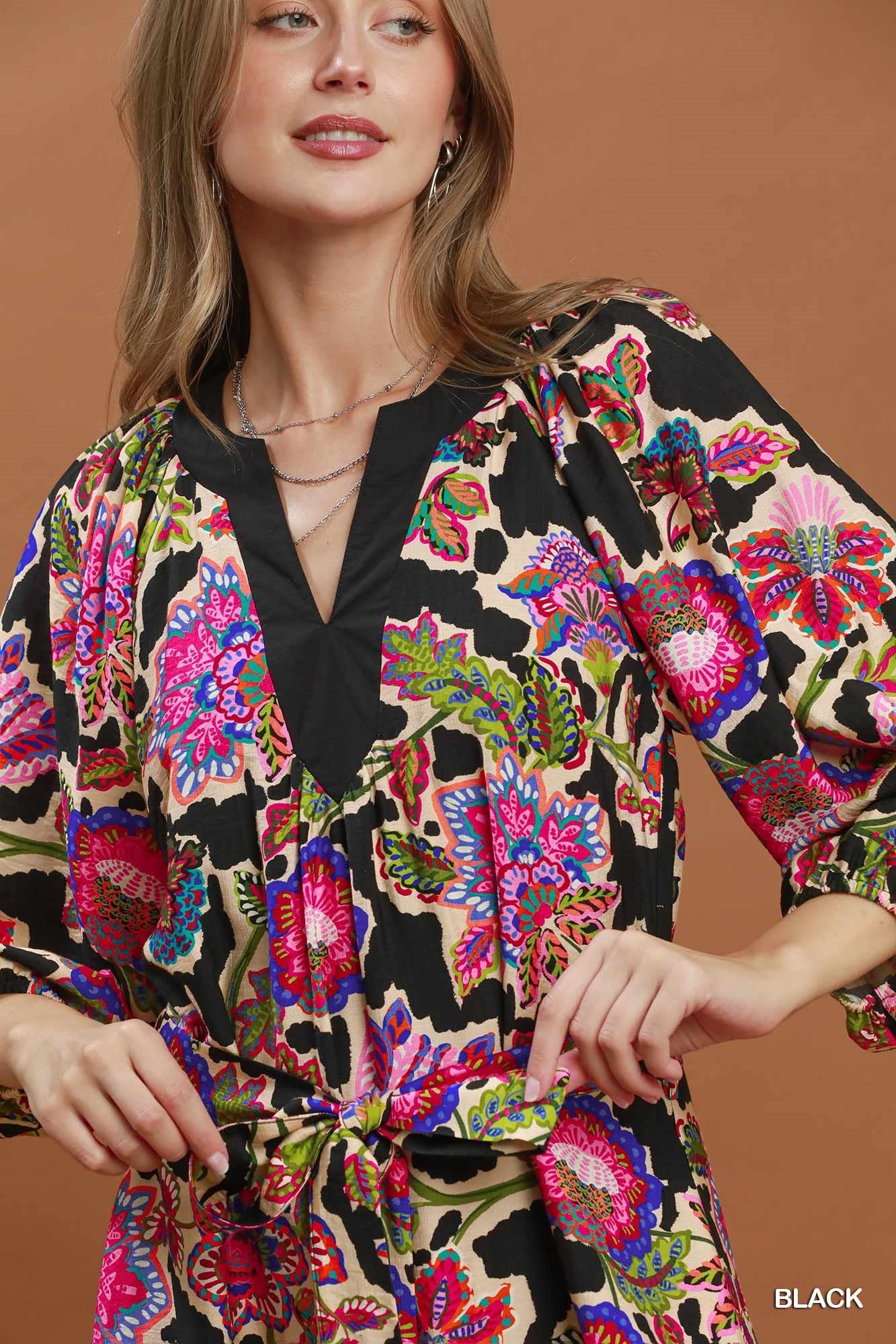 Umgee Abstract Print Embroidered Belted Midi Dress in Black-Midi Dresses-Umgee-Deja Nu Boutique, Women's Fashion Boutique in Lampasas, Texas