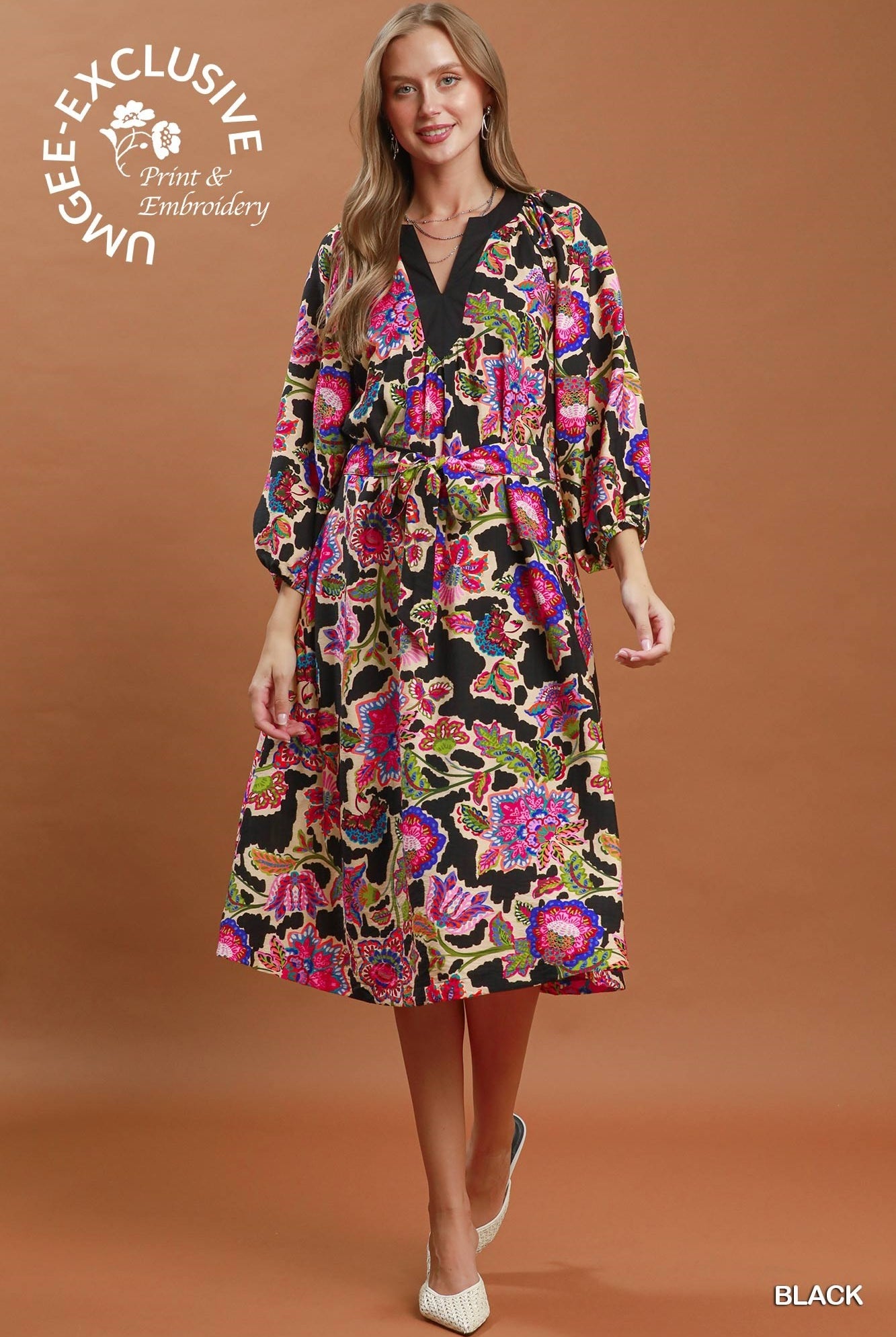 Umgee Abstract Print Embroidered Belted Midi Dress in Black-Midi Dresses-Umgee-Deja Nu Boutique, Women's Fashion Boutique in Lampasas, Texas