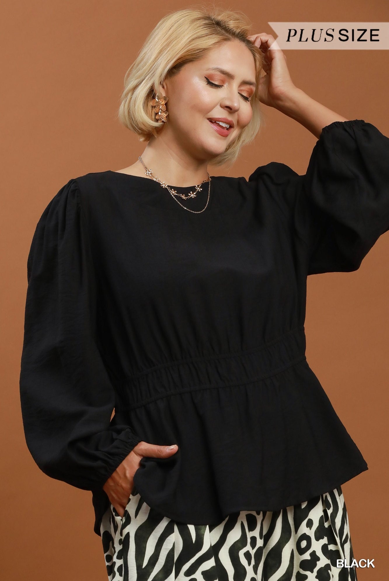 Umgee Black Smocked Waist Long Sleeve Peplum Blouse Plus-Curvy/Plus Blouses-Umgee-Deja Nu Boutique, Women's Fashion Boutique in Lampasas, Texas