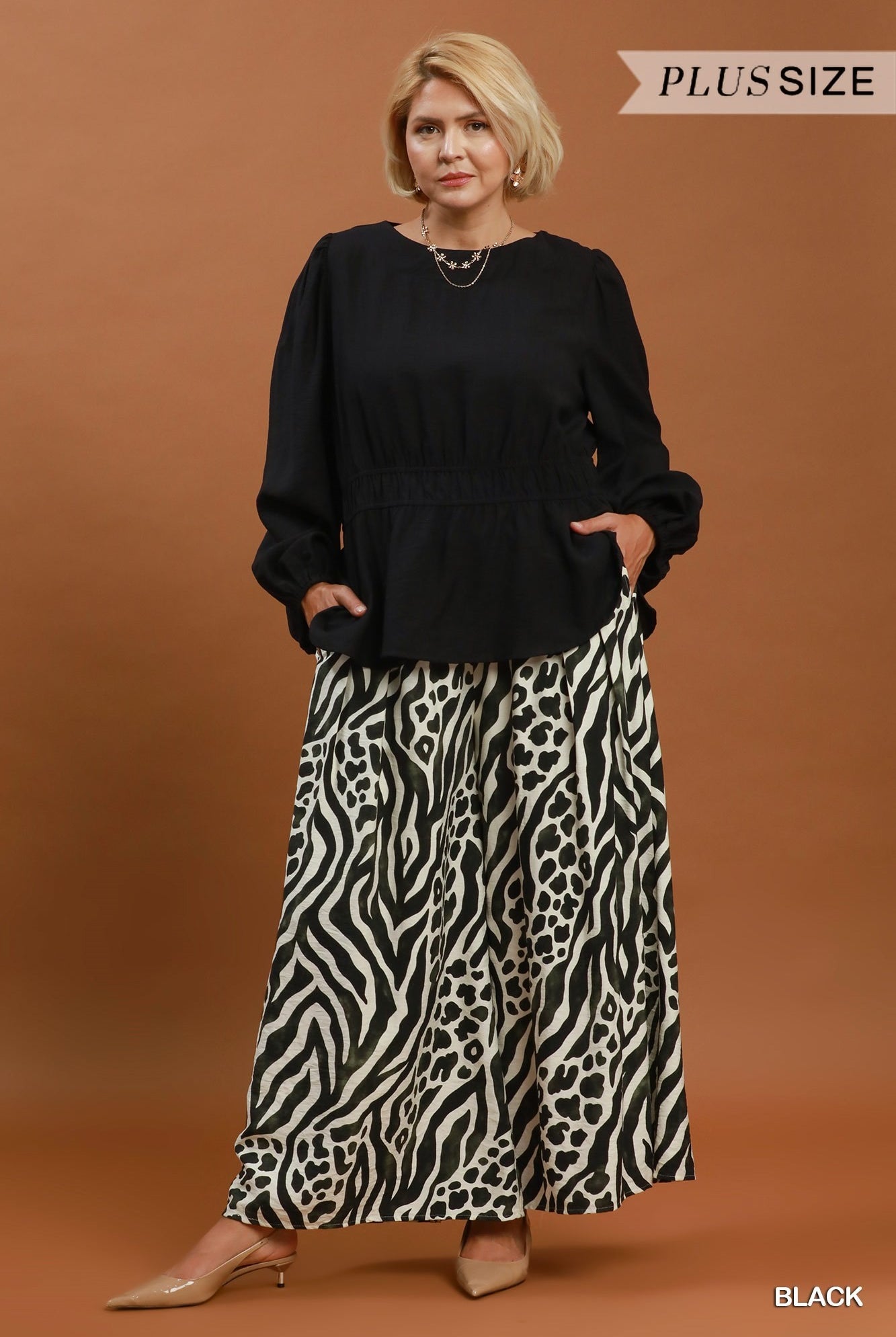 Umgee Black Smocked Waist Long Sleeve Peplum Blouse Plus-Curvy/Plus Blouses-Umgee-Deja Nu Boutique, Women's Fashion Boutique in Lampasas, Texas