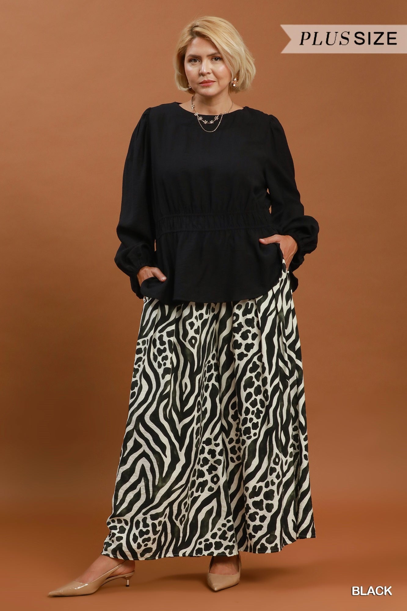 Umgee Black Smocked Waist Long Sleeve Peplum Blouse Plus-Curvy/Plus Blouses-Umgee-Deja Nu Boutique, Women's Fashion Boutique in Lampasas, Texas