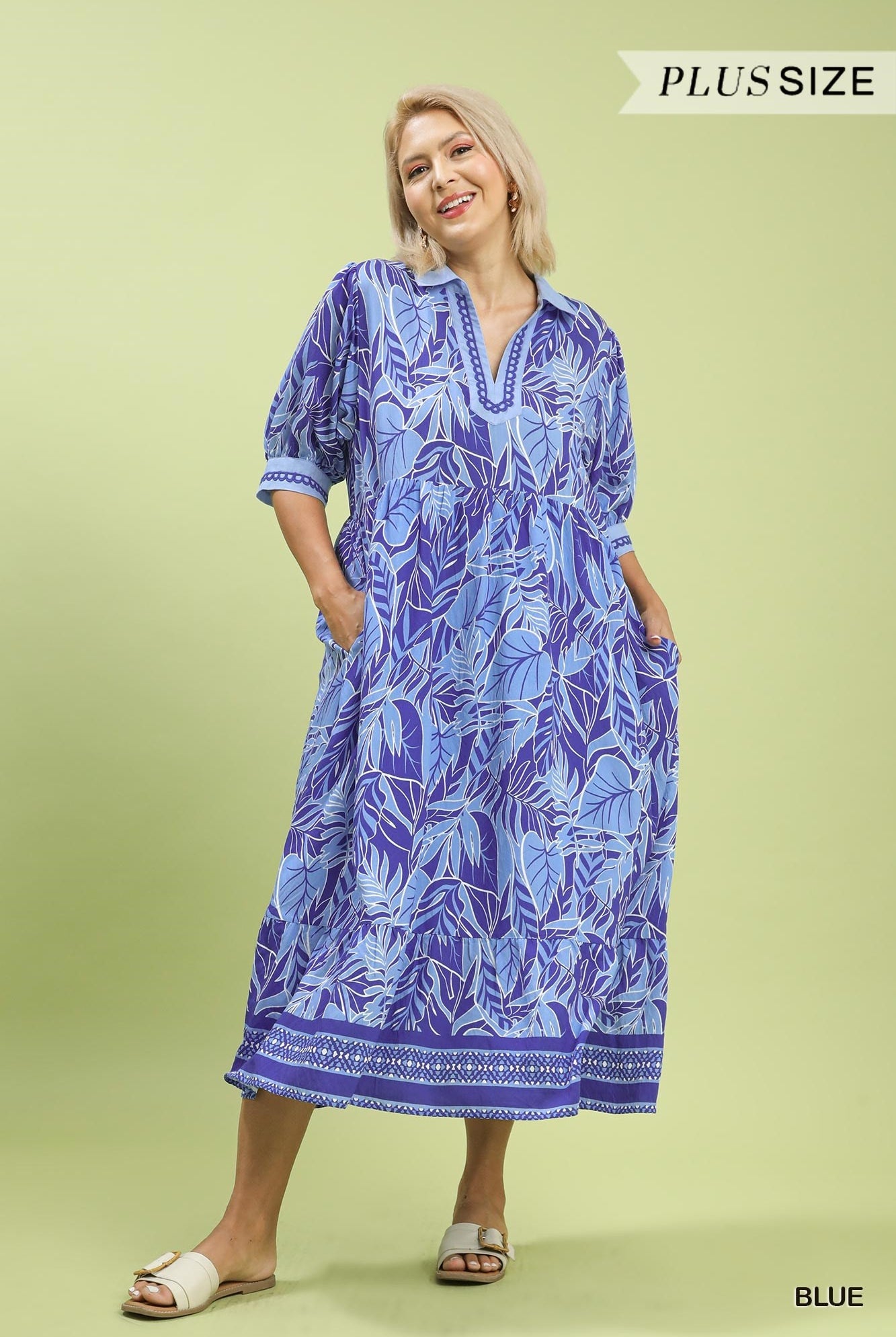 Umgee Blue Leafy Border Print V-Neck Midi Dress Plus Size-Curvy/Plus Dresses-Umgee-Deja Nu Boutique, Women's Fashion Boutique in Lampasas, Texas