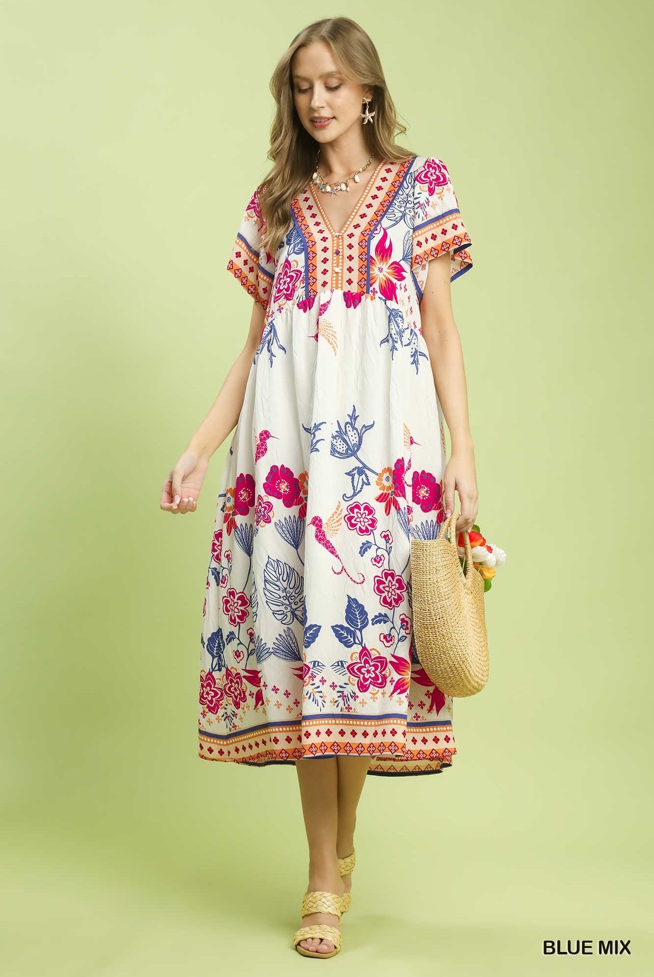 Umgee Boho Floral Midi Dress – Blue Mix-Midi Dresses-Umgee-Deja Nu Boutique, Women's Fashion Boutique in Lampasas, Texas