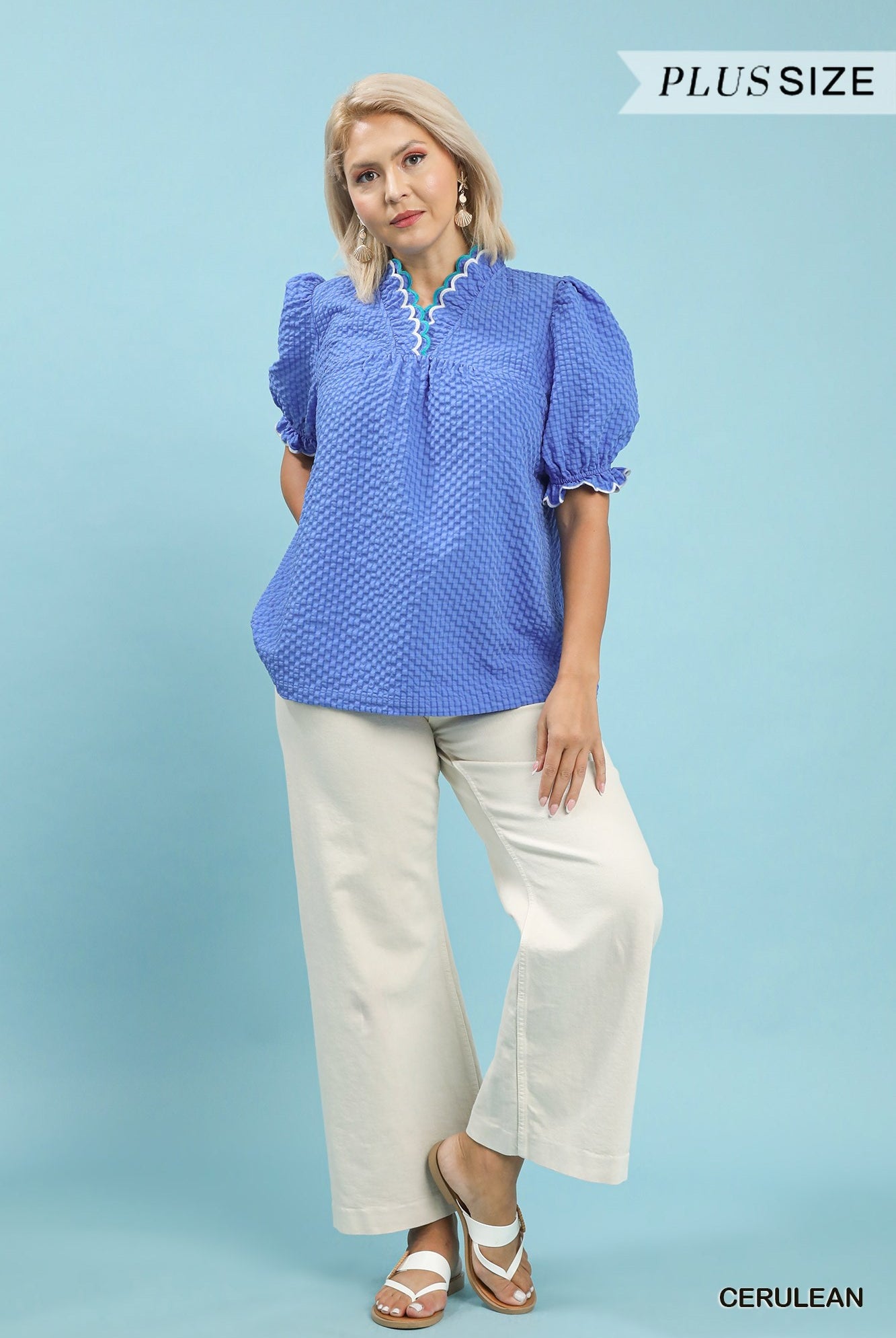 Umgee Textured Puff Sleeve Plus Top Cerulean-Curvy/Plus Blouses-Umgee-Deja Nu Boutique, Women's Fashion Boutique in Lampasas, Texas