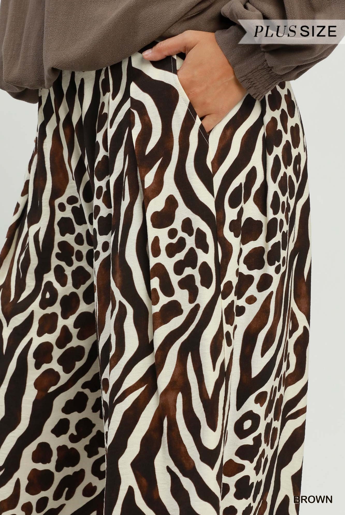 Umgee Brown Mixed Animal Print Wide Leg Pants Plus-Curvy/Plus Bottoms-Umgee-Deja Nu Boutique, Women's Fashion Boutique in Lampasas, Texas